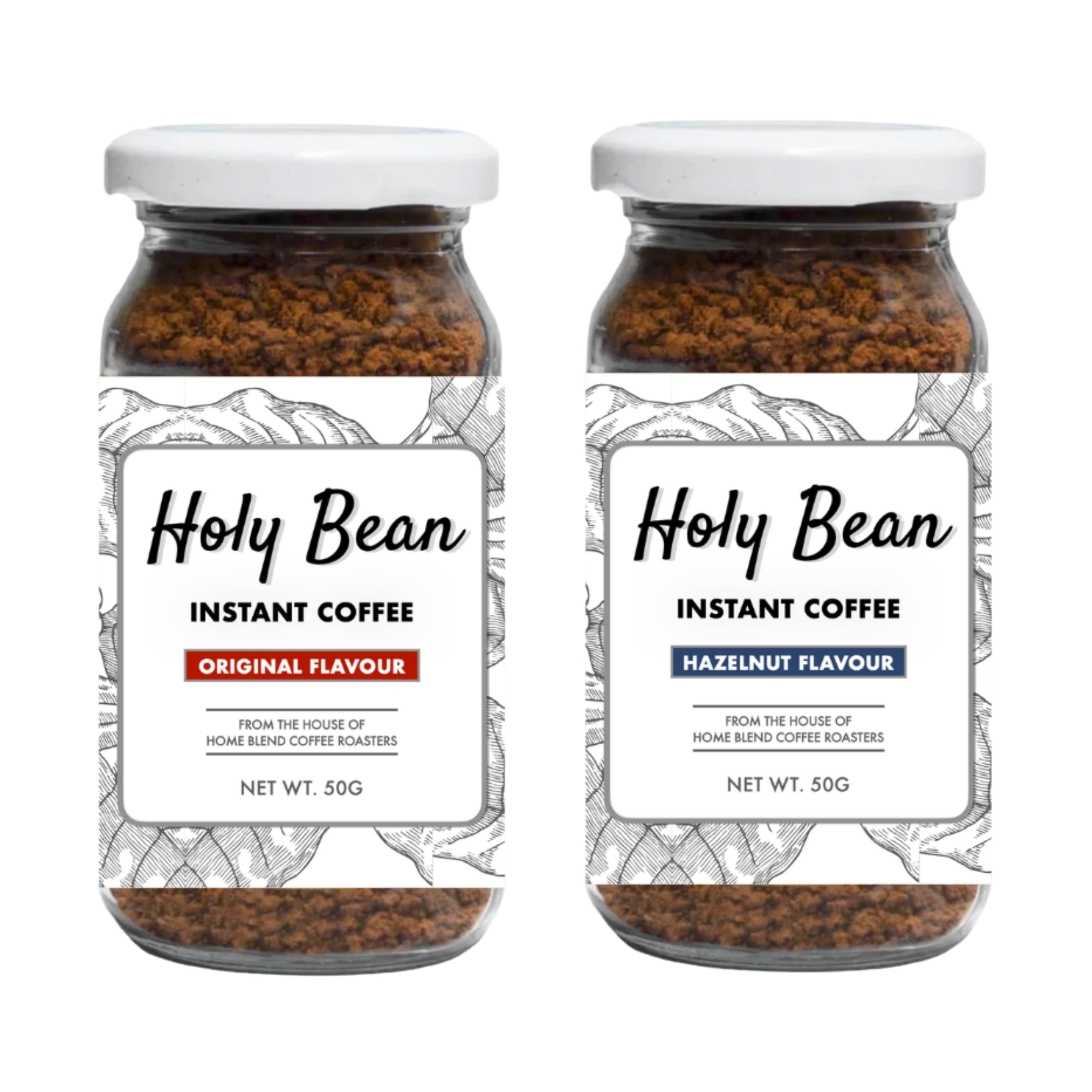 Holy Bean - Instant Coffee - Original + Hazelnut Flavour - 100g+20g, Pack of 2, Jar