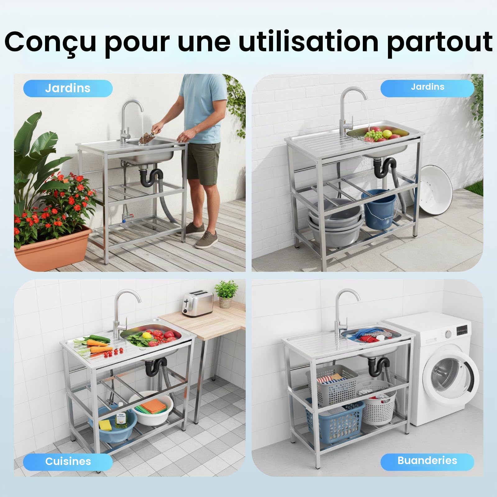 Evier Inox Exterieur,Evier Sur Pied Cuisine,Evier multifonction,Evier Professionnel Avec Robinet Pivotant,Eau Chaude Froide,Double Etagere Rangement,Cuisine Jardin Restaurant Garage