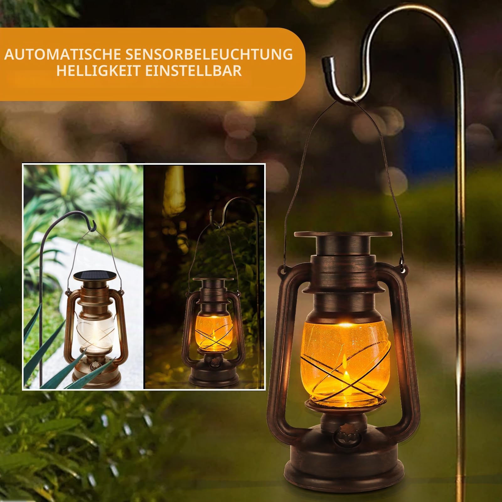 Yinuo Mirror Vintage Solar Laterne 2 Stück, LED Laterne mit Kerzeffekt 2 Beleuchtungsmodi, IP44 Wasserdicht, Hängende Solarlampe für Garten, Terrasse, Balkon, Hof und Camping, Außen Deko