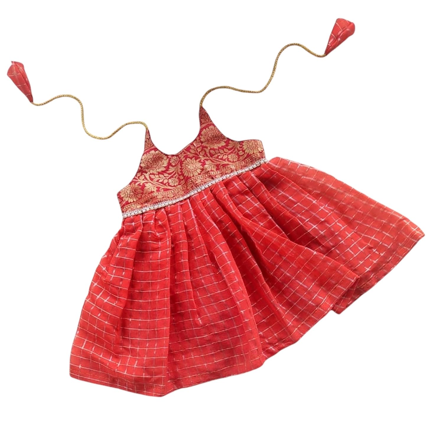 Picksparrow Cotton Silk Baby Girl Ethnic Dress for Naming Ceremony with Halter Neck, Traditional Brocade Bodice with Check...