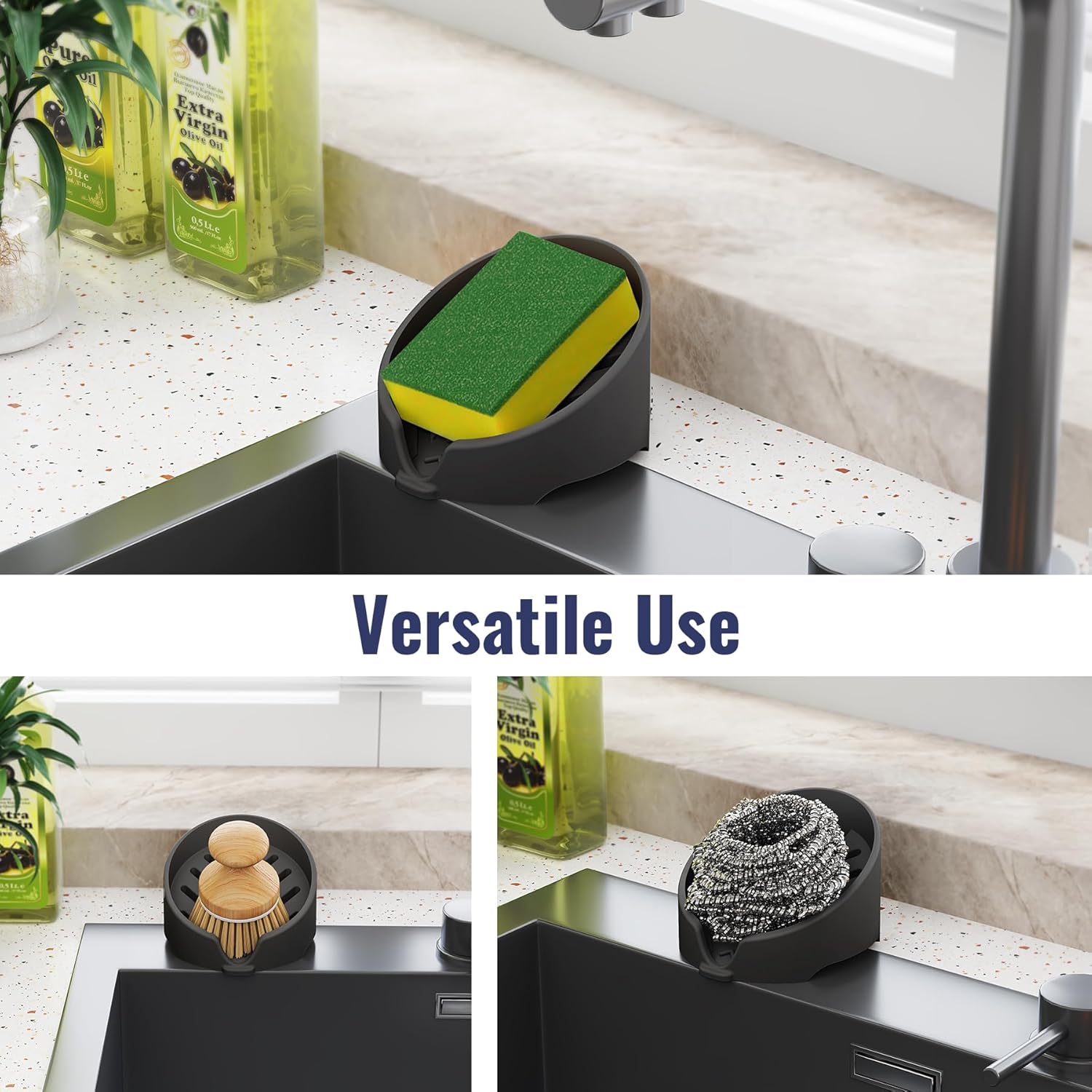 NiHome Silicone Sponge Holder Compatible with Scrub Daddy Mommy Sponges for Kitchen & Bathroom, Auto Draining Organizer, Holds Multiple Sponges & Cleaning Tools, Food-Grade, Dishwasher Safe (Black)
