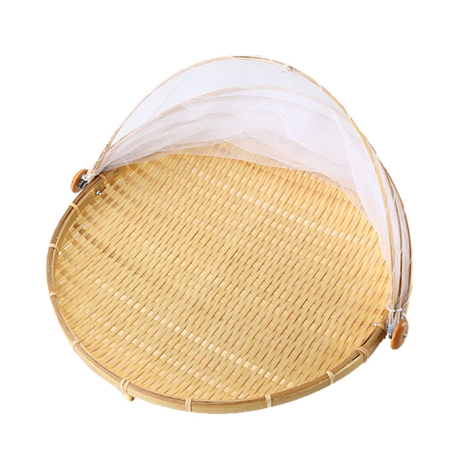 matumou Bamboo Picnic Food Serving Basket Flies Net Cover Bread Fruit Tray