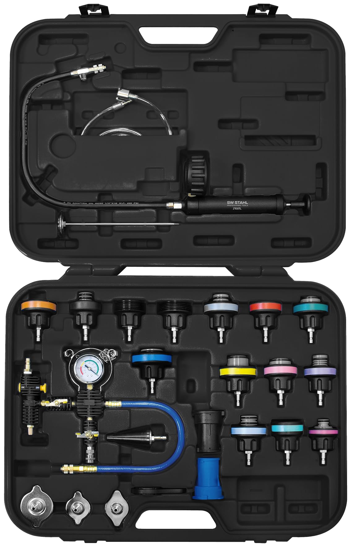 SW Stahl 21030L Set Tester Radiatore, Sistema di Raffreddamento, 25 Pezzi | Kit con pompa, manometro 0-2.5 bar e adattatori per spurgo o riempimento del liquido refrigerante di auto e autocarri