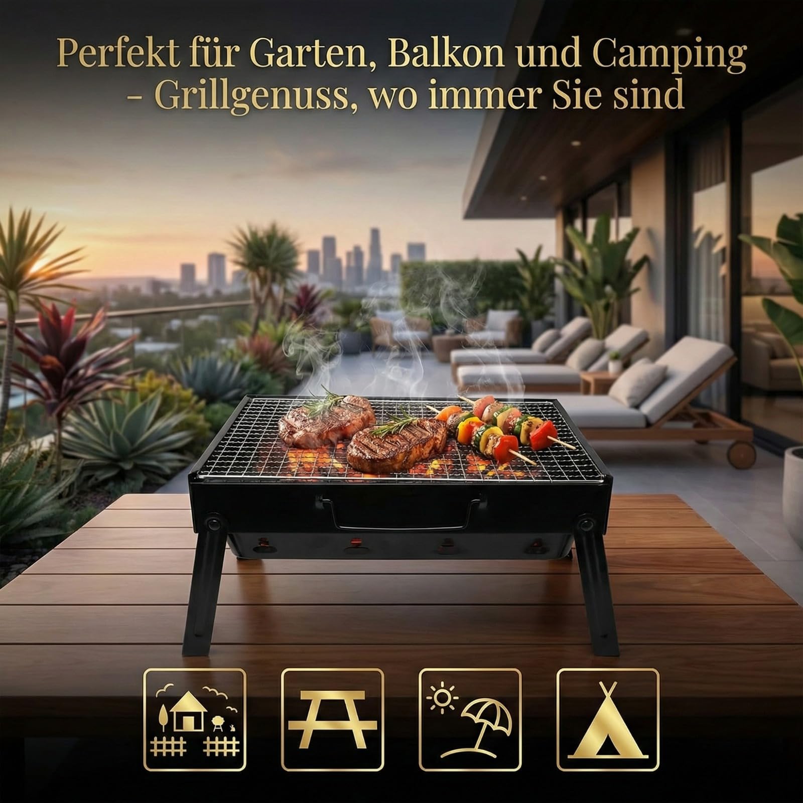 Set completo di barbecue da viaggio – Barbecue portatile a carbone con contenitore per la cenere, carboni di cocco, accendini, posate monouso e accessori – Set tutto-in-uno per giardino, balcone