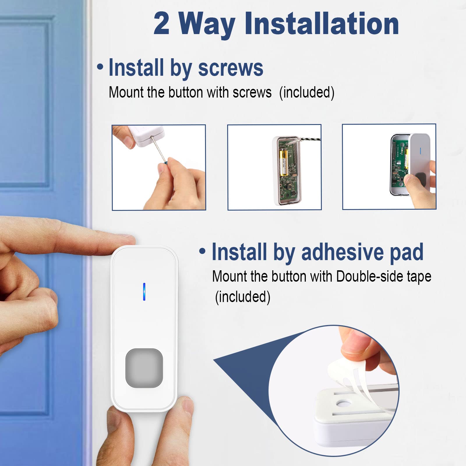 Timbre de puerta inalámbrico impermeable de 1 pie con 3 botones inalámbricos que funcionan con pilas con 55 melodías, 5 niveles de volumen, pantalla digital LED de números para el hogar con 3