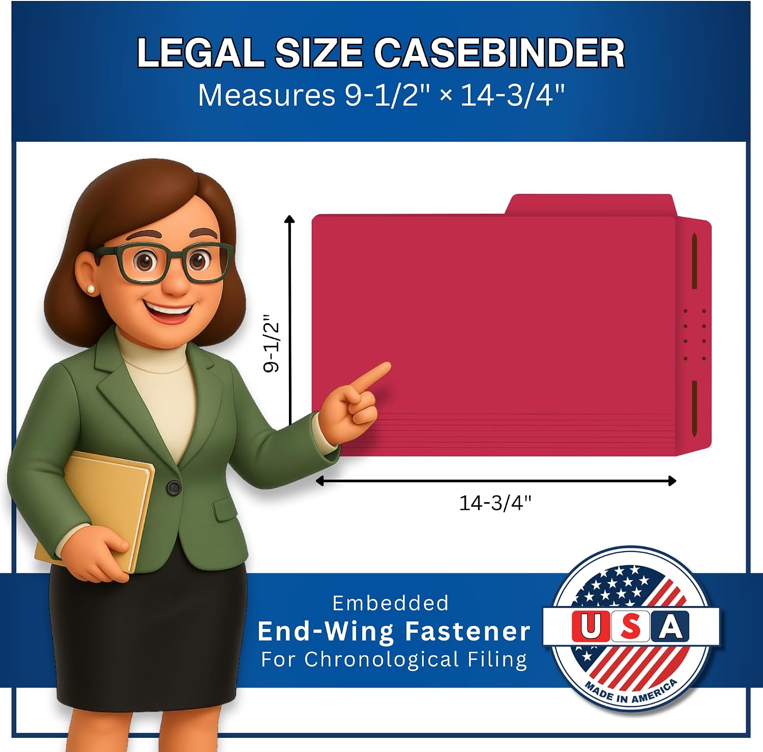 Red Casebinder Legal File Folders, Doctor Stuff, Top Tab, Legal Size with Fully Reinforced Back, 2” Embedded Fastener on Endwing, and 1/2 Cut Assorted Top Tabs, 14 pt Stock, Box of 50