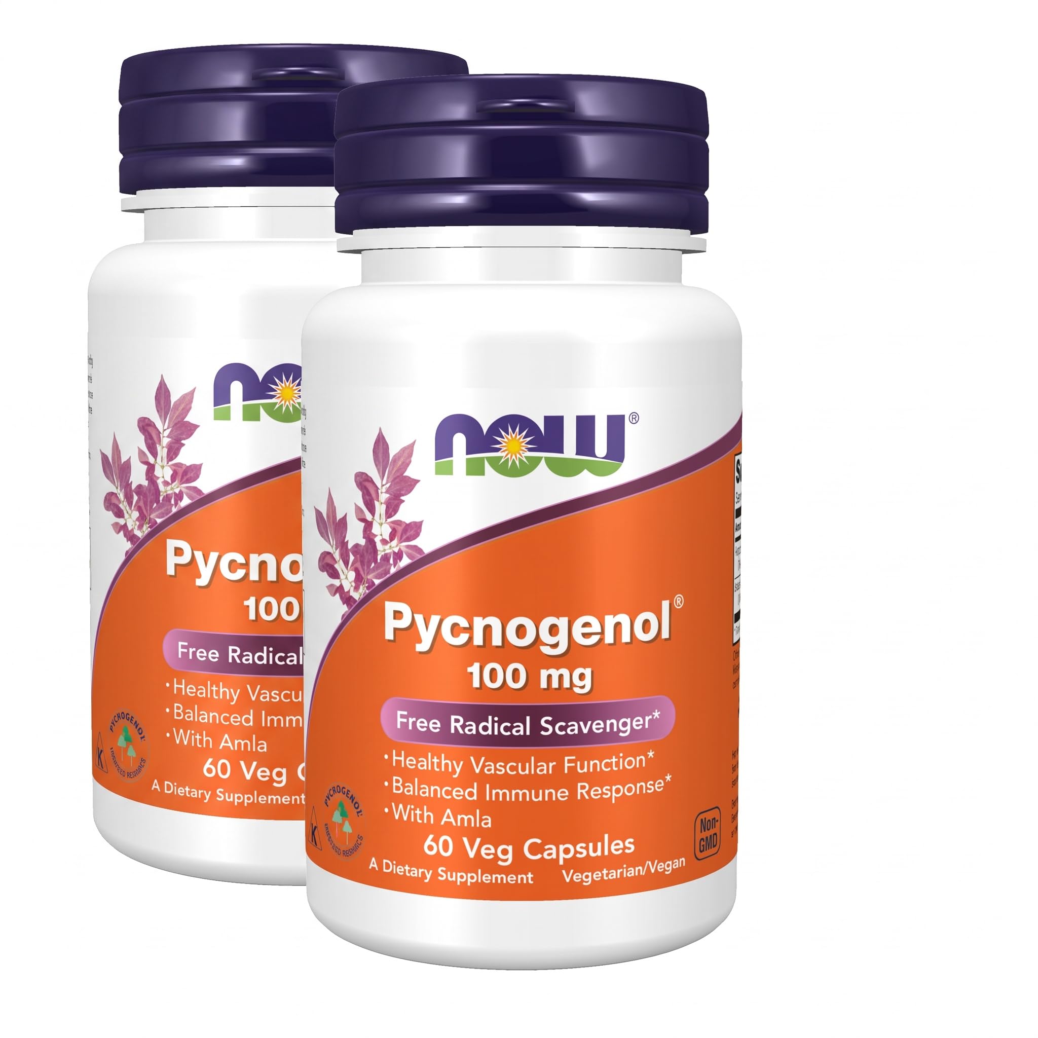 NOW Foods Supplements, Pycnogenol 100 mg (a Unique Combination of Proanthocyanidins from French Maritime Pine) with Amla, 60 Veg Capsules, (Pack of 2)