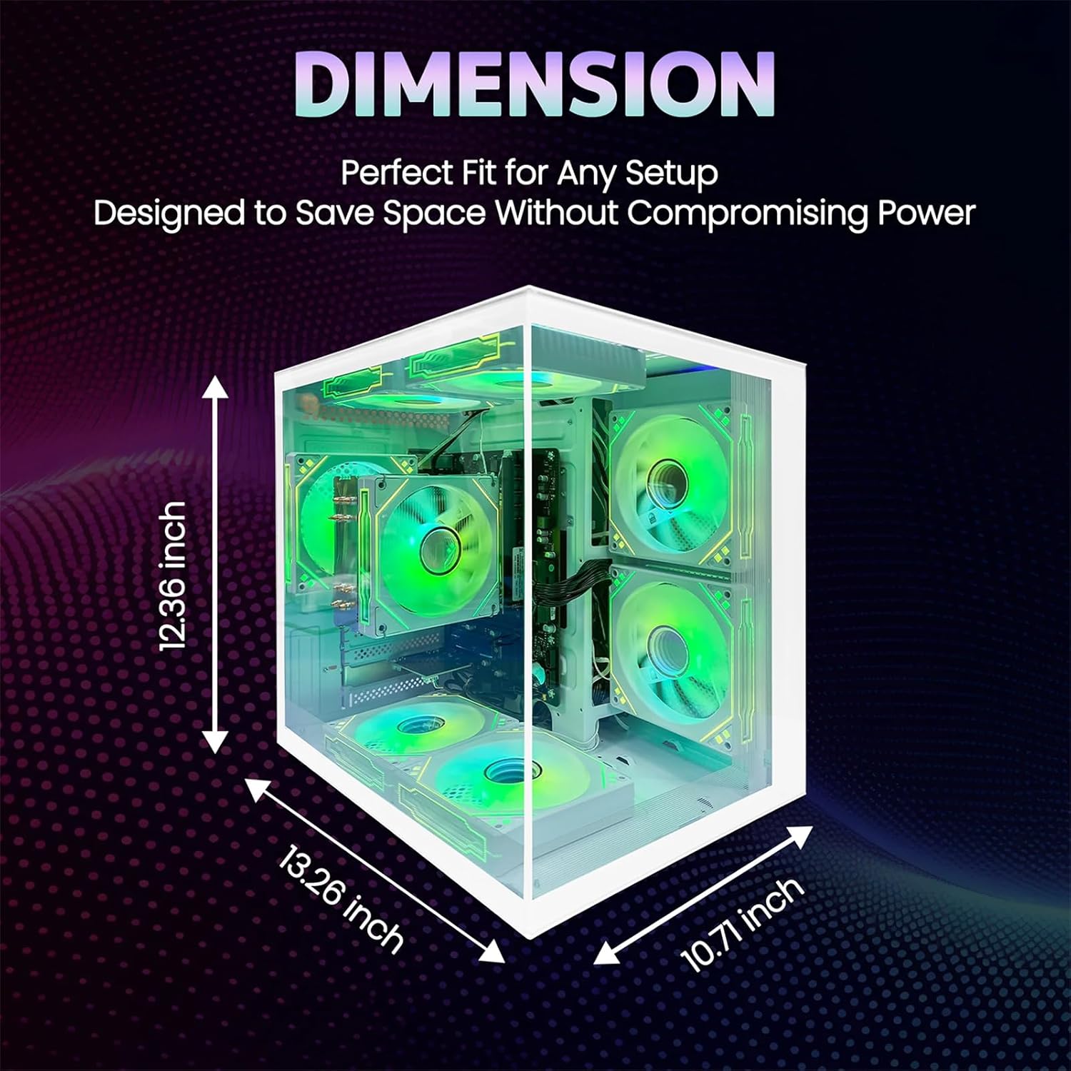 suevery Gaming Desktop Computer with dimensions labeled