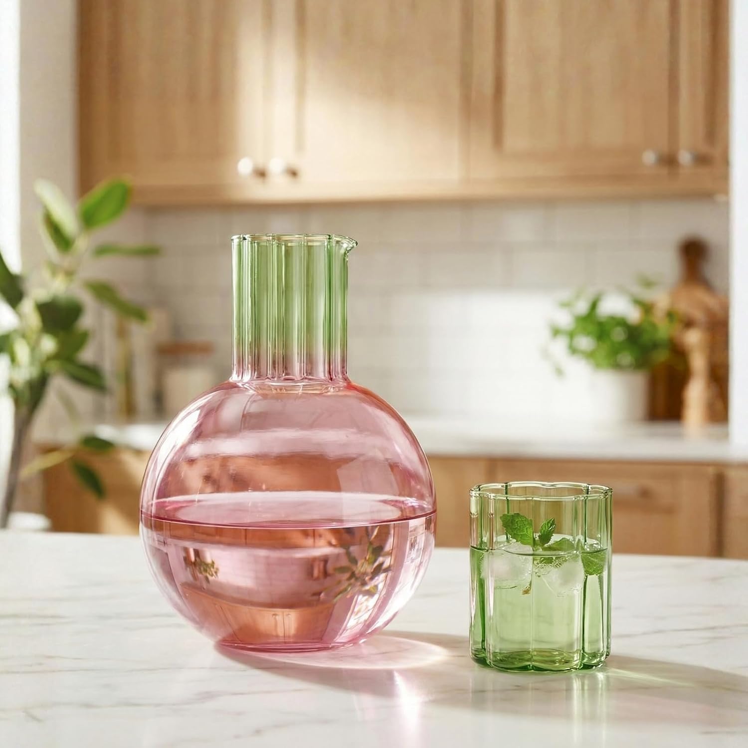 Cute Wave Flower Glass Carafe Bedside Water Pitcher & Cup Set - 44oz Handblown Round Pink Cherry Pitcher with 6.8oz Glass Green Flower Tumbler - Aesthetic Unique Fruit Glassware for Juice Wine & Water