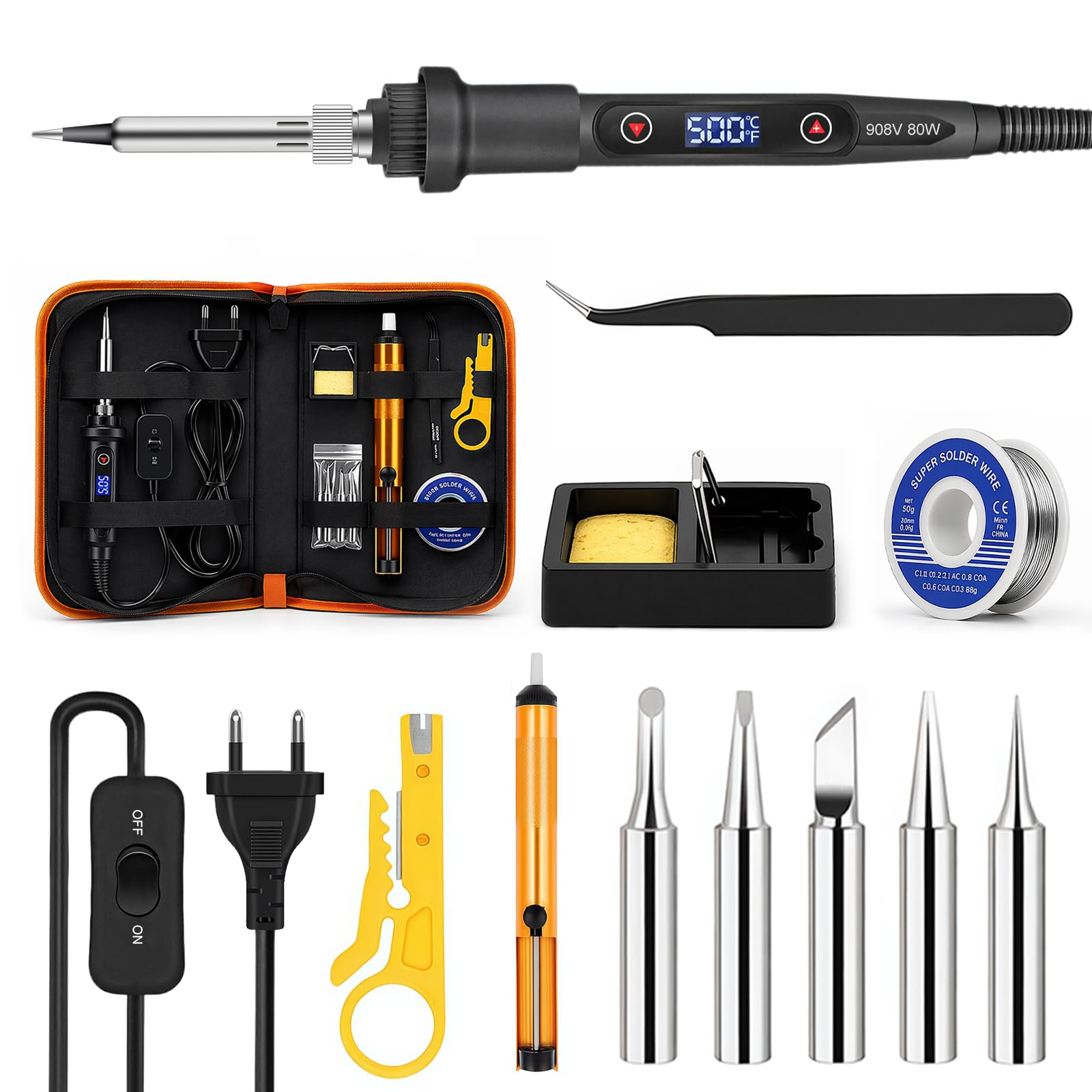 Kit de 13 soldador estaño 80W 180-520°C con pantalla LCD, temperatura ajustable, interruptor Encendido/Apagado – Para trabajos eléctricos y reparaciones profesionales