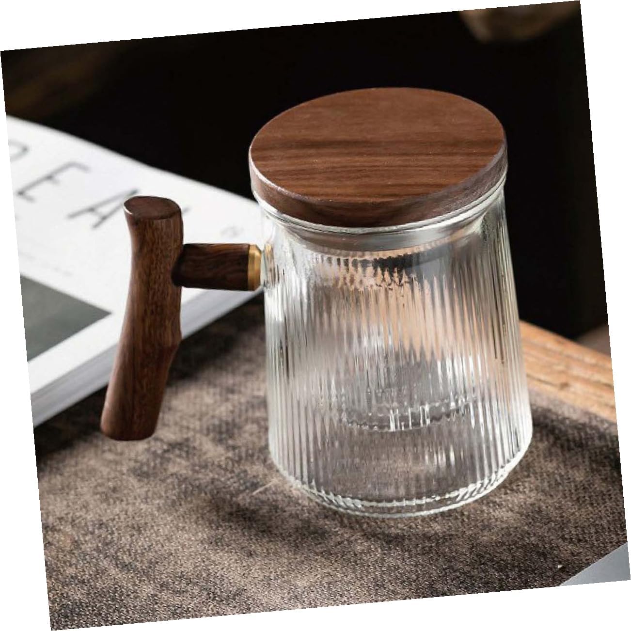 ARTIBETTER Glass Tea Mug with Infuser and Lid 380ml Ribbed Borosilicate Glass Cup with Wooden Handle for Home and Office Tea Brewing Set