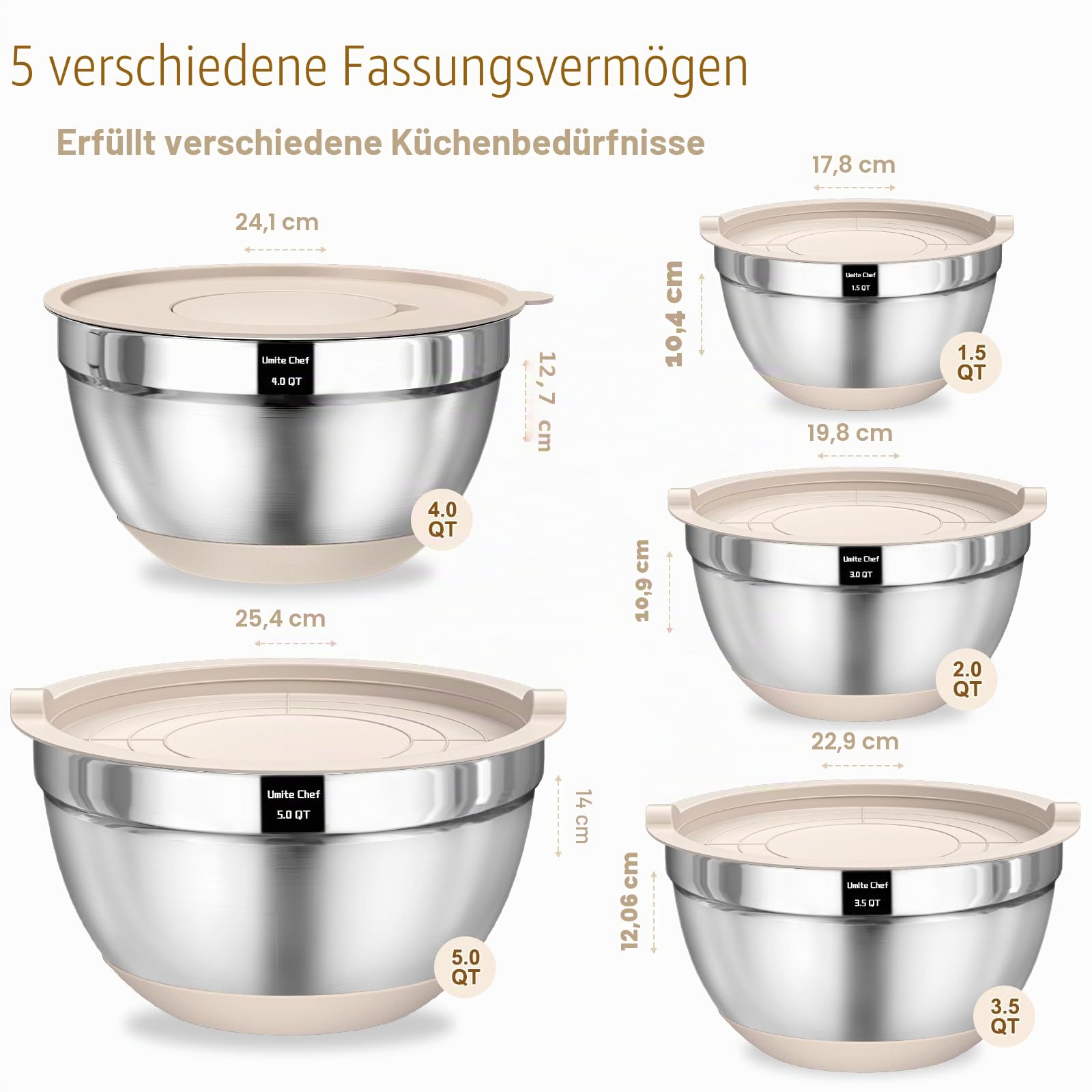 Umite Chef Rührschüsseln mit luftdichtem Deckel, 8 Stück, Edelstahl, Khaki, Nistschalen mit Reibeaufsätzen, Küchenschüsseln mit rutschfester Unterseite, Größe 5, 4, 3,5, 2, 1,5 l zum Mischen und