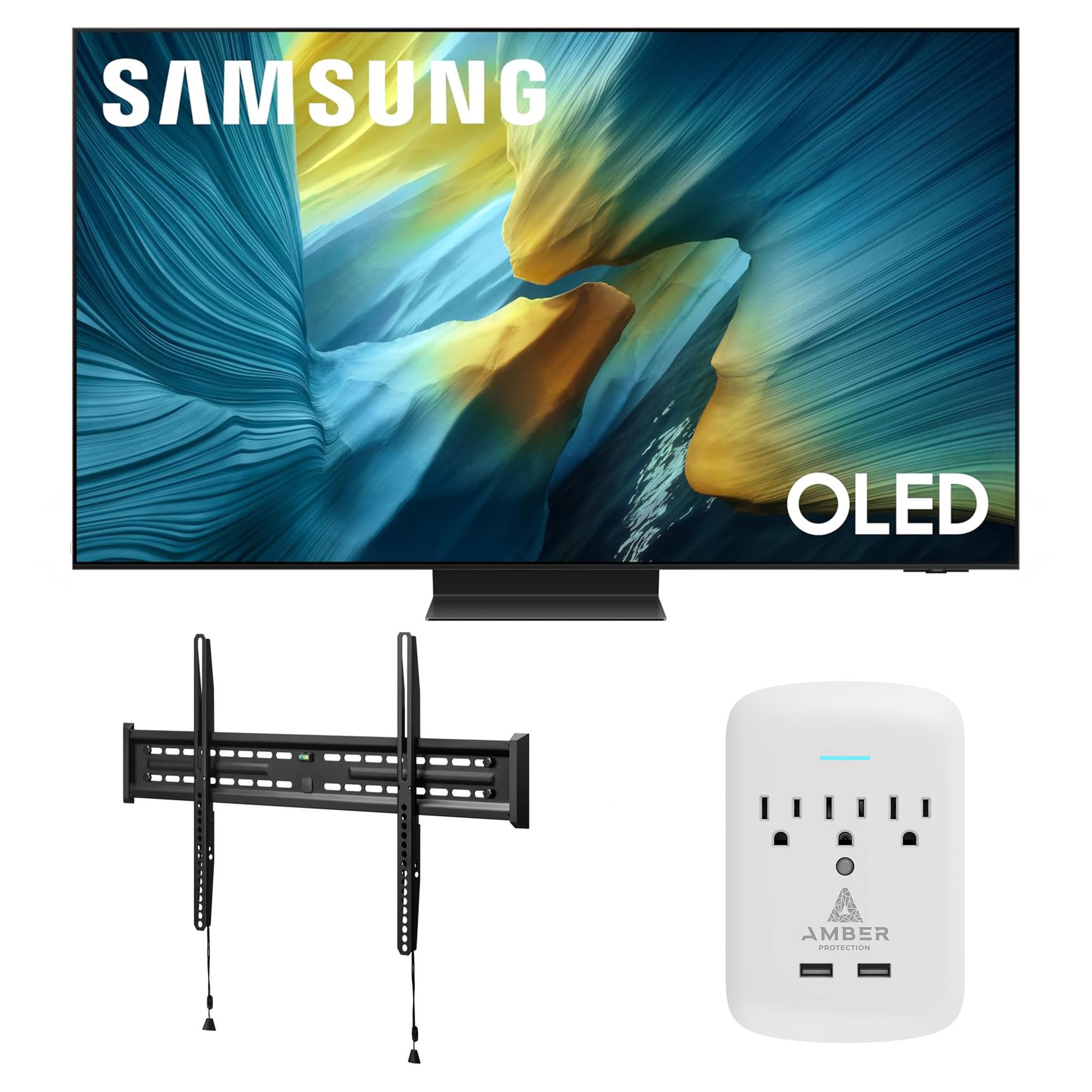 Samsung QN77S95FAFXZA 77 Inch OLED HDR Pro 4K Smart TV with a Walts FIXED-MOUNT-43-90 TV Mount for 43"-98" TVs and Amber Protection 3-Outlet-Surge Surge Protector (2025)