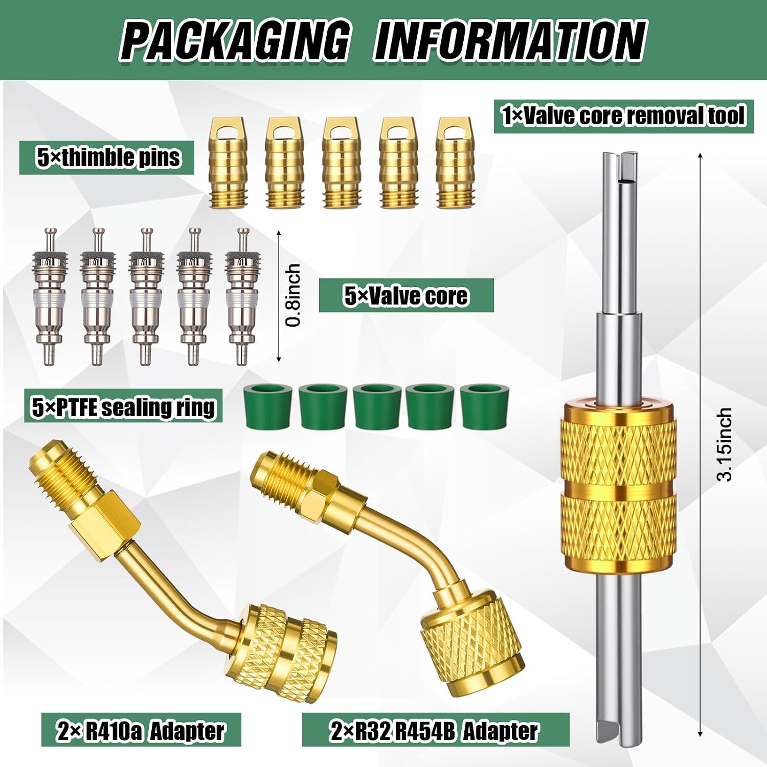 Mudder 20 Pcs R32 R454b R410A A2l Adapter Kit for Split, 1/4" to 1/4" Fitting Adapters, 5/16" to 1/4" 45 Degree Adapter with Valve Core Remover Washer Gasket Refrigerant Tank Adapters