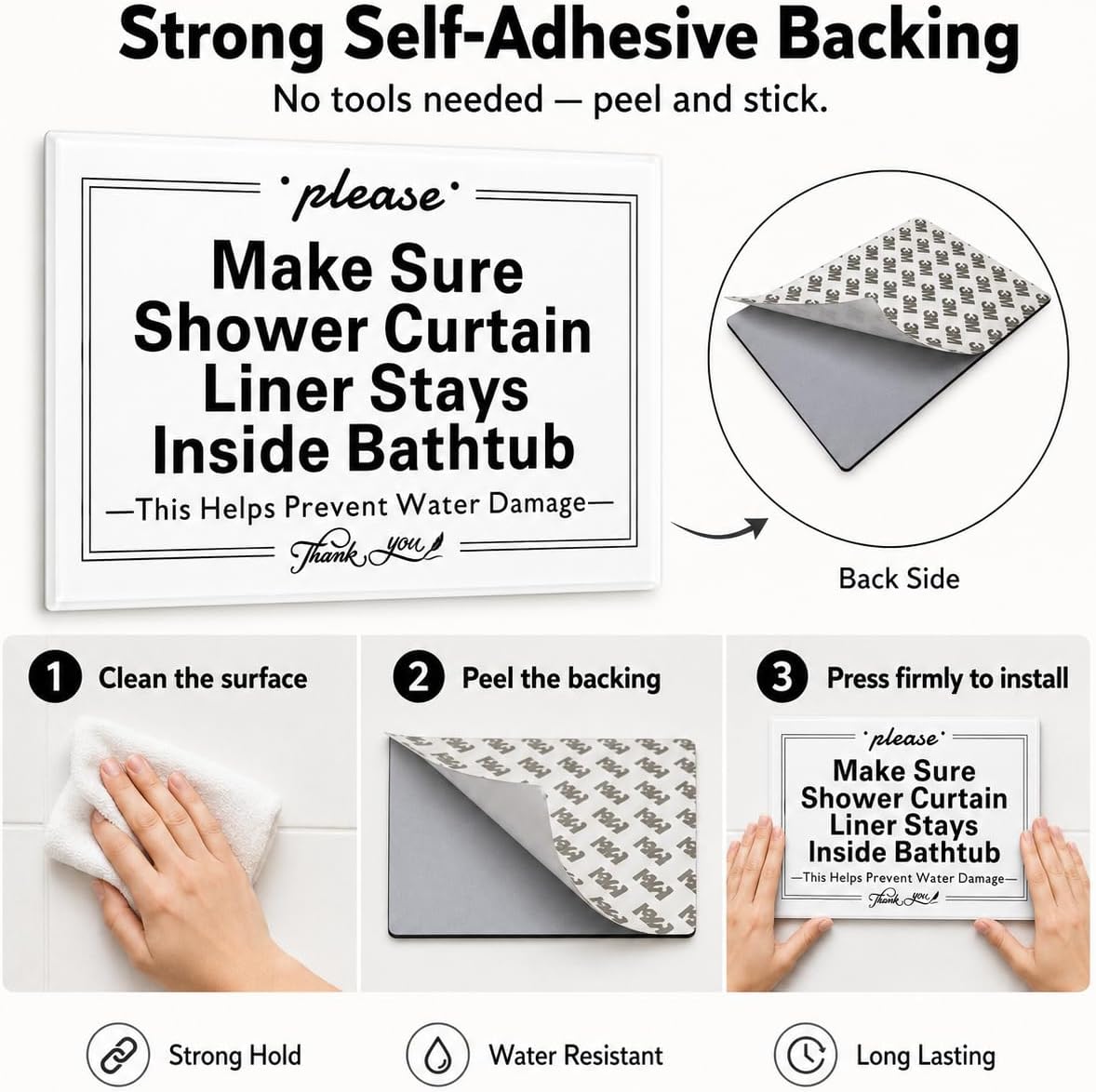 Please Make Sure Shower Curtain Liner Stays Inside Bathtub Sign, Bathroom Rules 6"x4" Signs