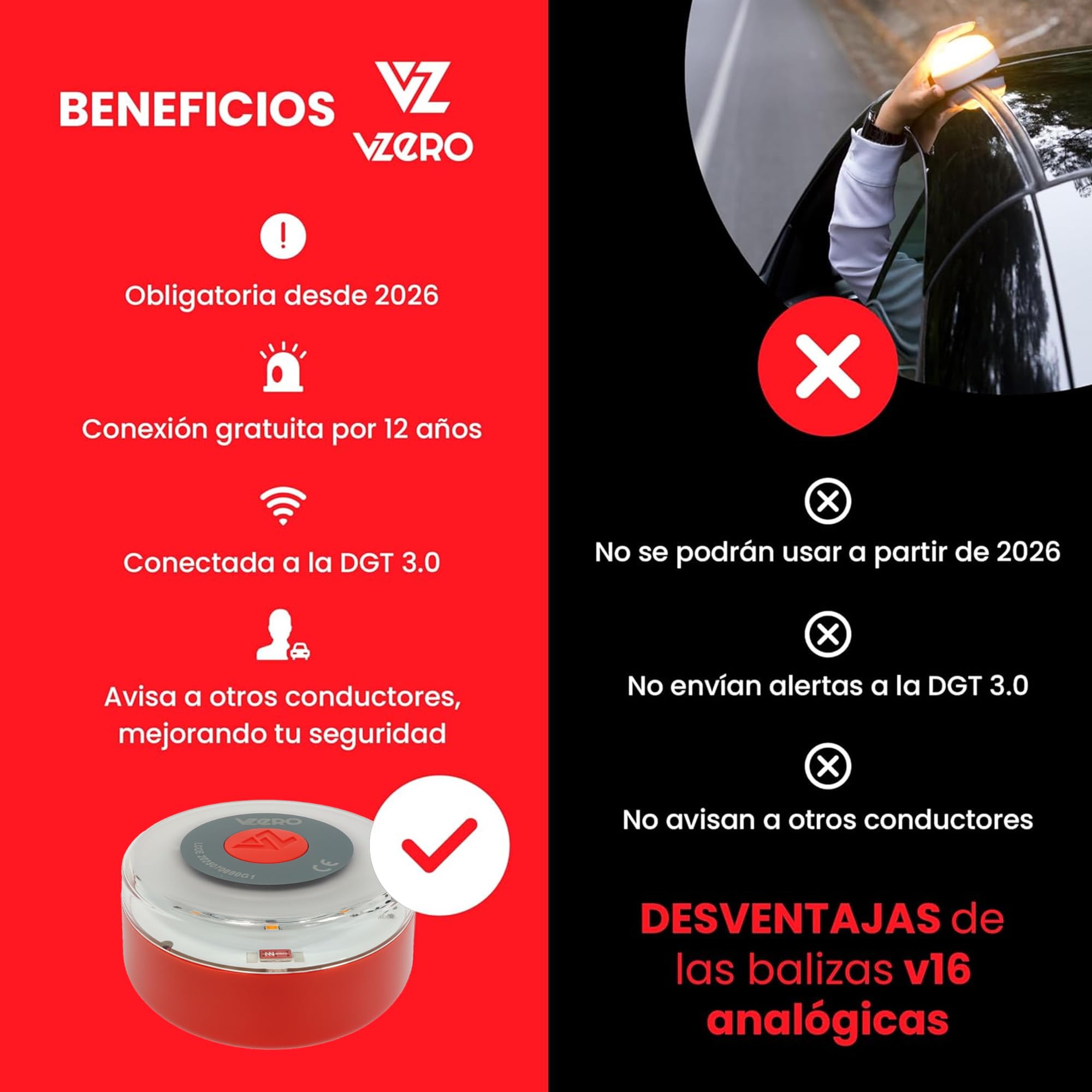 Visita la tienda de VZ VZERO VZero - Luz de Emergencia V16 con Geolocalización, Señal Homologada Conectada con DGT 3.0, Apta para 2026, Baliza para Coche con eSIM Incluida, Alta Potencia (200 candelas) y Sistema Eye Protect in use