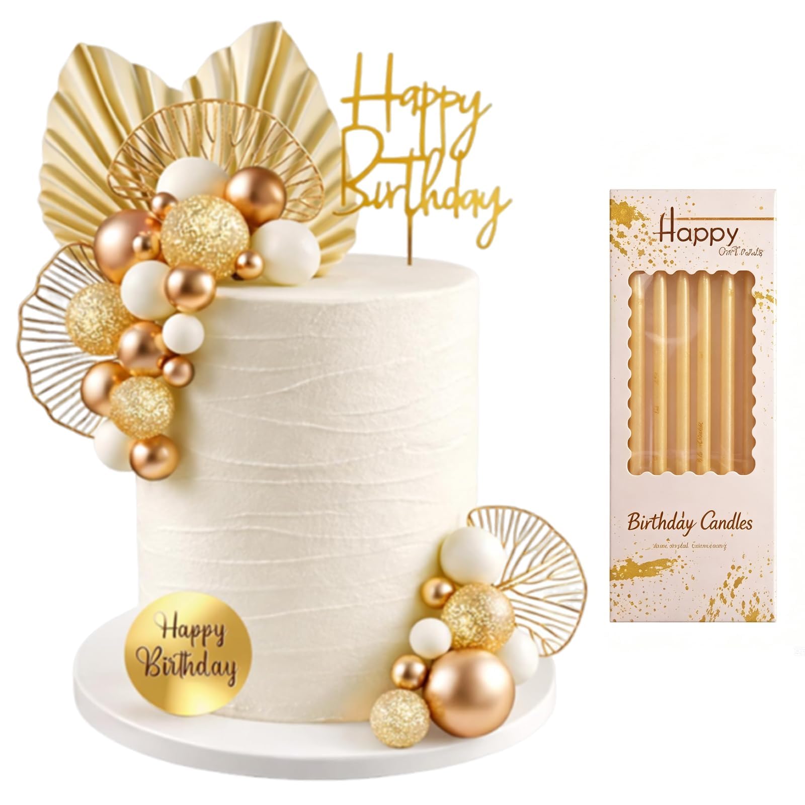 30Pcs Gold Cake Decorations Birthday, Gold Cake Balls and Starry Yellow Candle Set, Bohemian Themed Cake Arrangements for Birthday Parties and Wedding Cakes for Baby Shower Decor