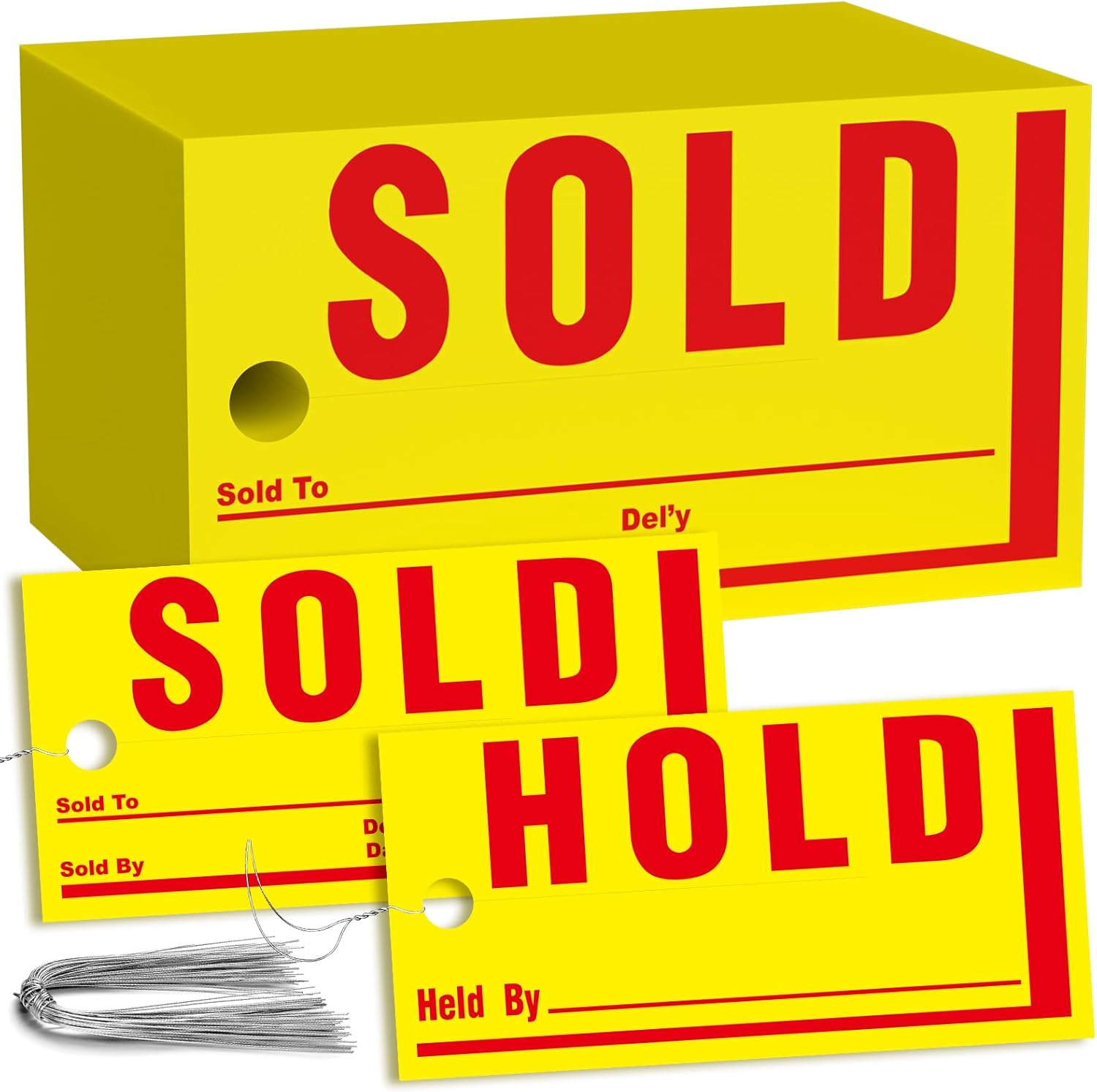250 Pcs Jumbo 8" x 4" Hold/Sold Tags with Wire - Durable Yellow Tags with Bold Red Print, Weather-Resistant Outdoor Grade for Auto Dealerships & Retail Stores (250)