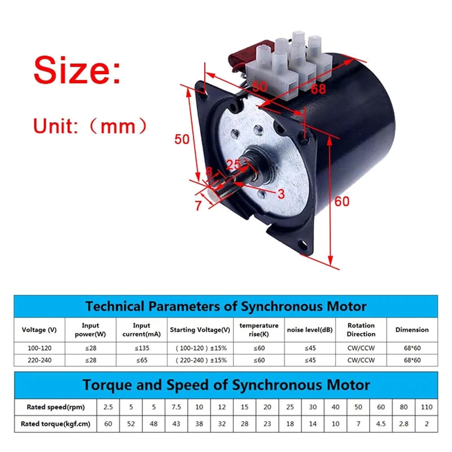68KTYZ Mini Permanent Magnetic Synchronism Motor 220V AC 28W Gear 2.5 5 10 15 20 30 40 50 60 80 110rpm 1Pcs(10rpm)