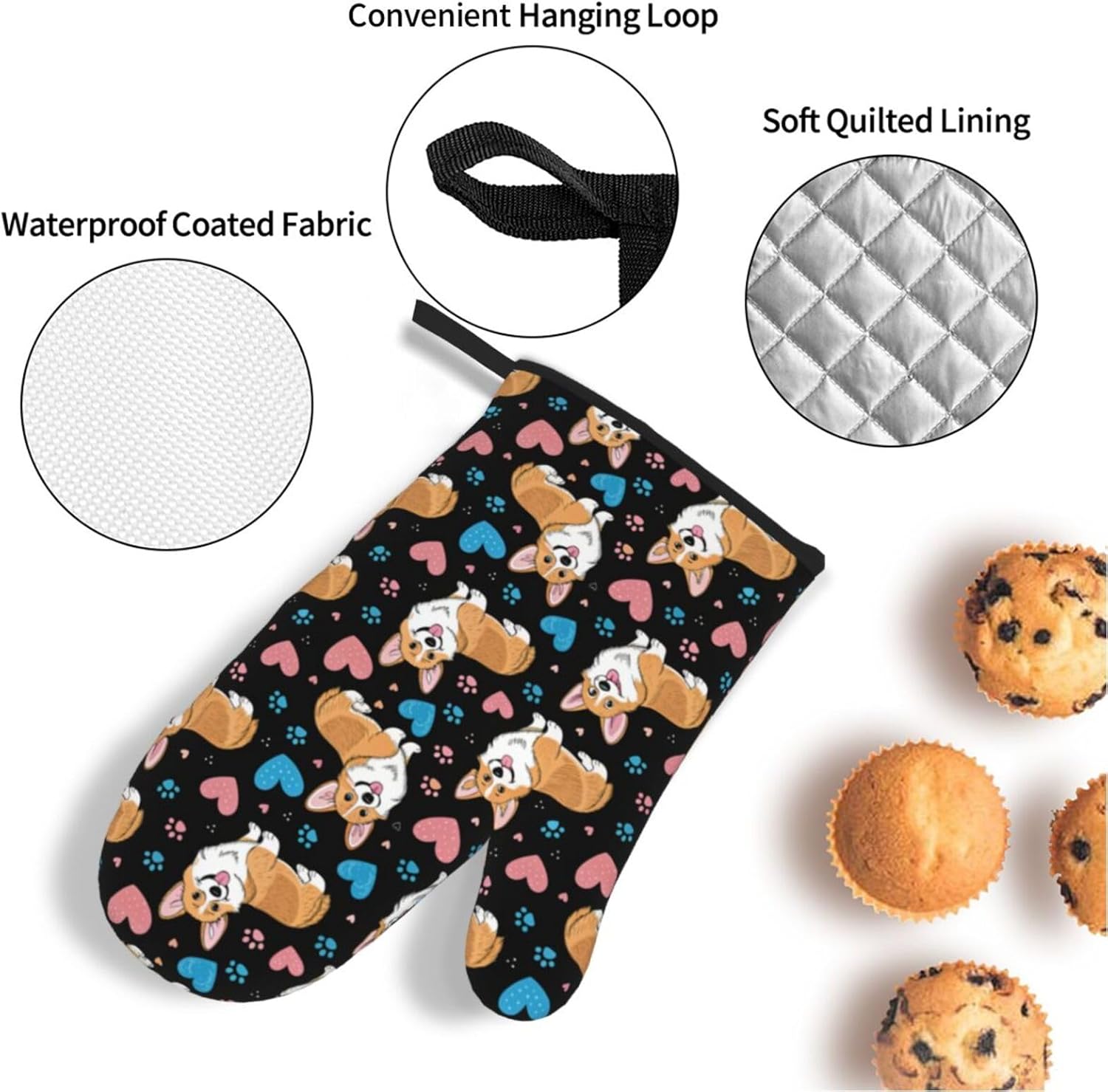 Cute Corgi Dog Oven Mitts and Pot Holders Set of 4, Heat Resistant Non-Slip Kitchen Gloves and Hot Pads for Cooking Baking BBQ