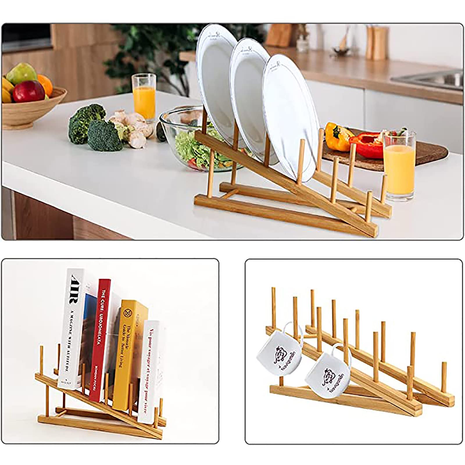 Porte-Assiettes en Bambou, Porte-Assiettes en Bambou, Porte-Assiettes en Bois pour Assiette, Tasse, Couvercle de Casserole, Livres