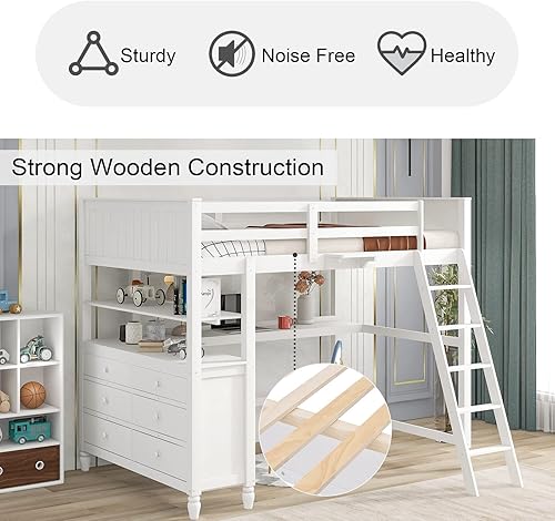 Miniatura 15 de Merax Cama tipo loft de madera de tamaño individual con escritorio/2 cajones/gabinete/4 estantes, cama loft multifuncional con escalera y