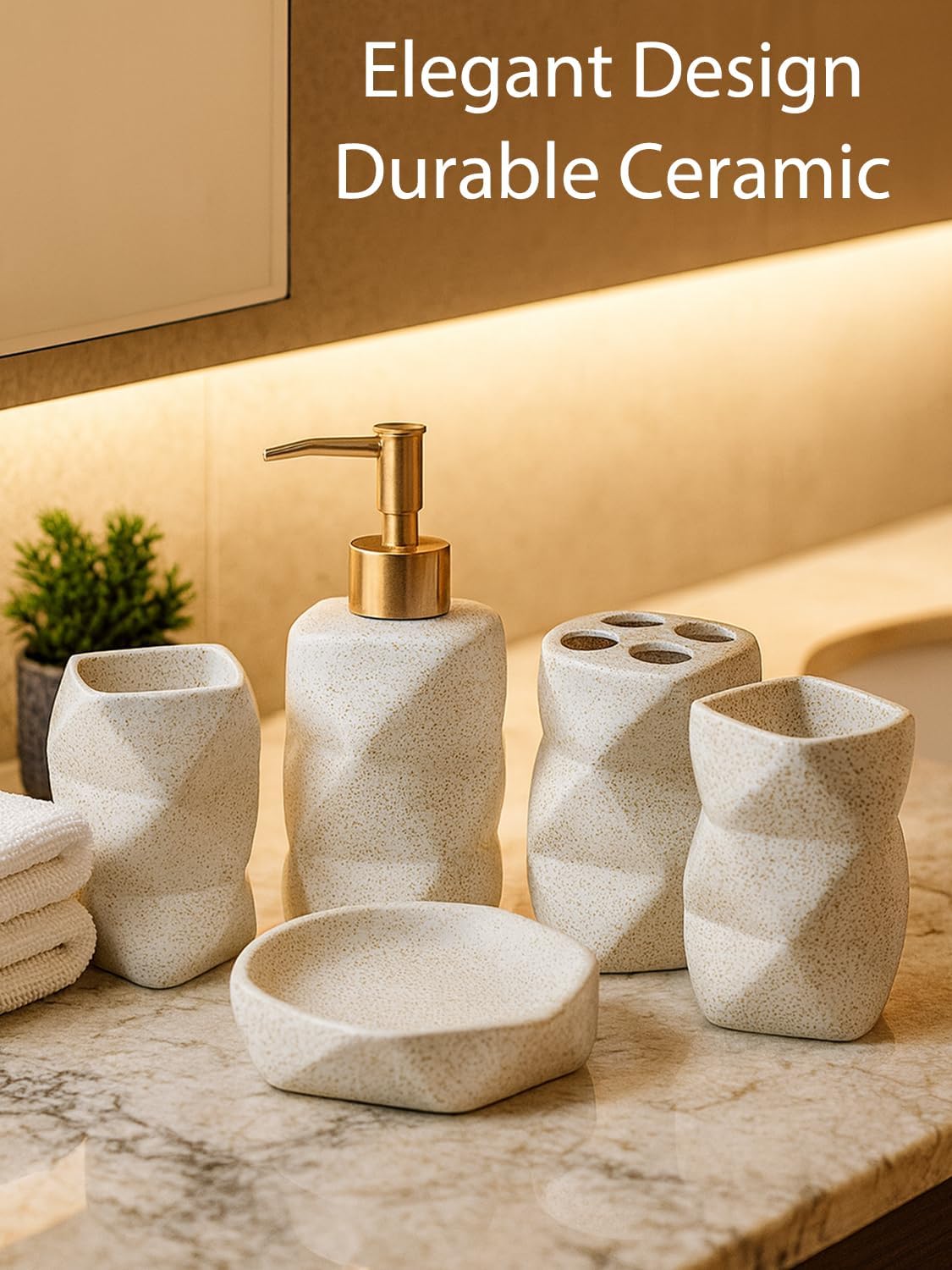 Ceramic Bathroom Accessories Set, 5-Piece Modern Bath Set with Soap Dispenser, Toothbrush Holder, 2 Tumblers & Soap Dish, Speckled Stoneware Countertop Bathroom Decor