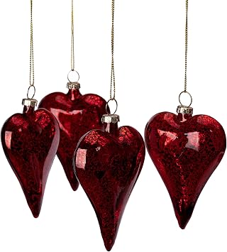 4 Pcs Valentines Day Heart Glass Ornaments, 3.2Antique Red Glass Blown Heart Ornament, Romantic Love Hearts Shaped Baubles for Party, Valentines, Wedding Anniversary Christmas Tree Decor