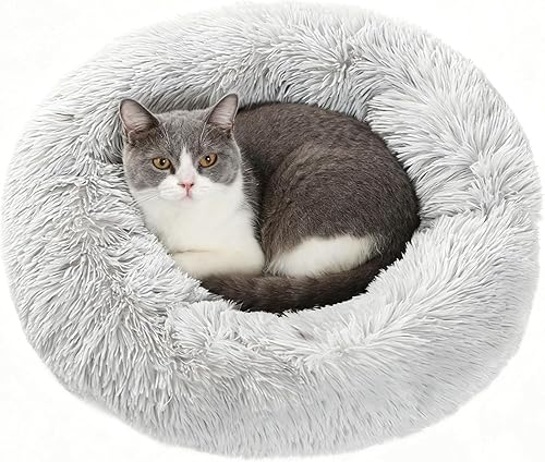 Cat & Dog Beds for Small Dogs Round Cat Beds for Indoor Cats Pet Bed for Puppy and Kitten with Slip-Resistant Bottom Plush Donut Cat Bed, Small