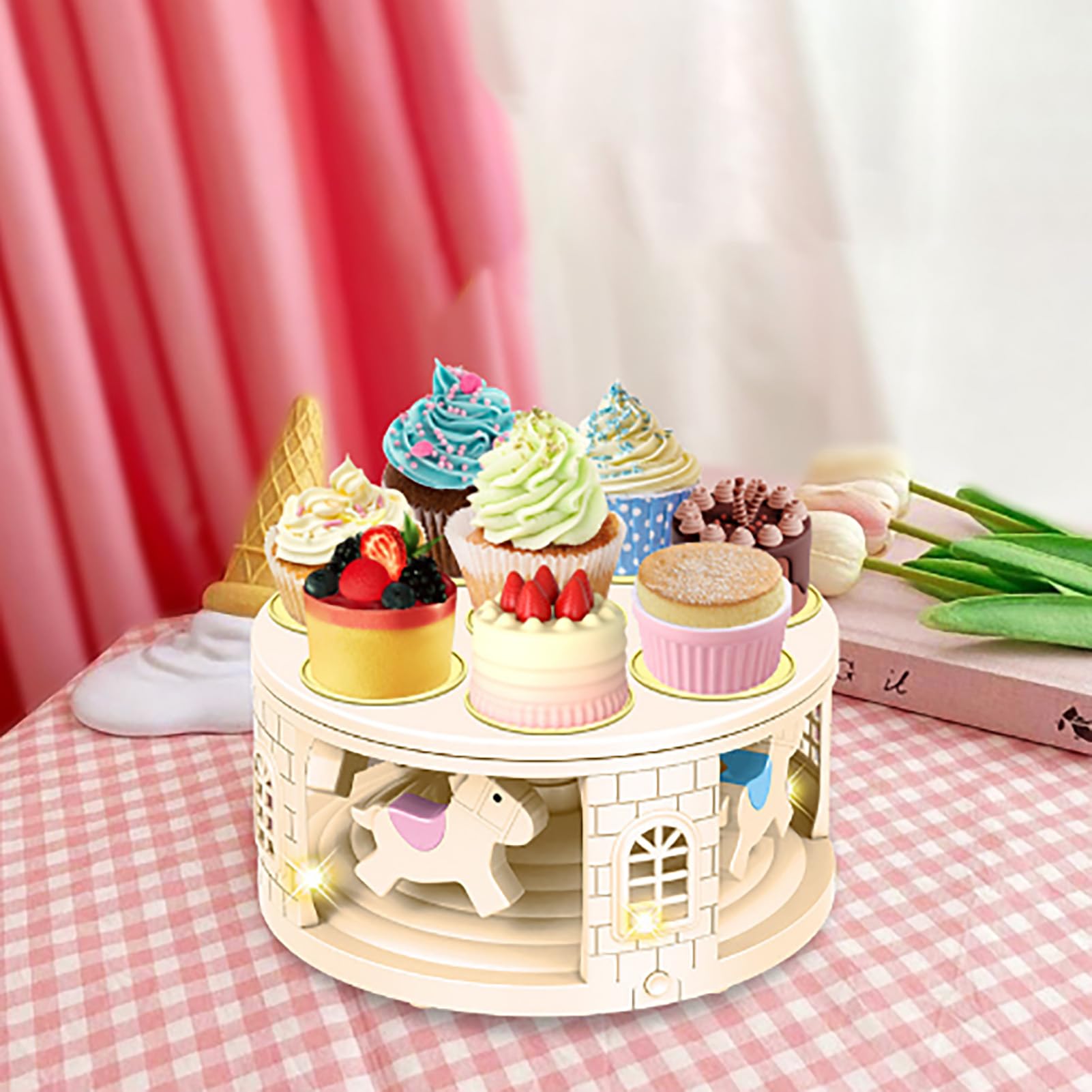Gsycle Rotating Dessert Machine Cake Stand, Cake Turntable Automatic Rotating Cupcake Display Stand with Light and Music for Cake, Cupcake Decorating Supplies