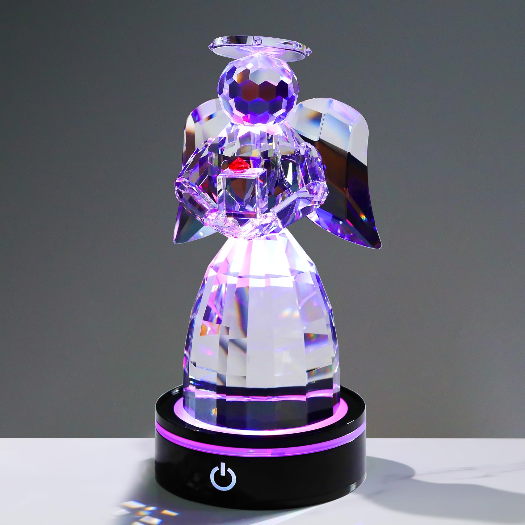 Ornalrist5.9in. Crystal Gardian Angel Figurine with LED Base, Handmade Angel with Wings Statue Memorial Sympathy Gifts for Friends Women Angel Collectible Decor