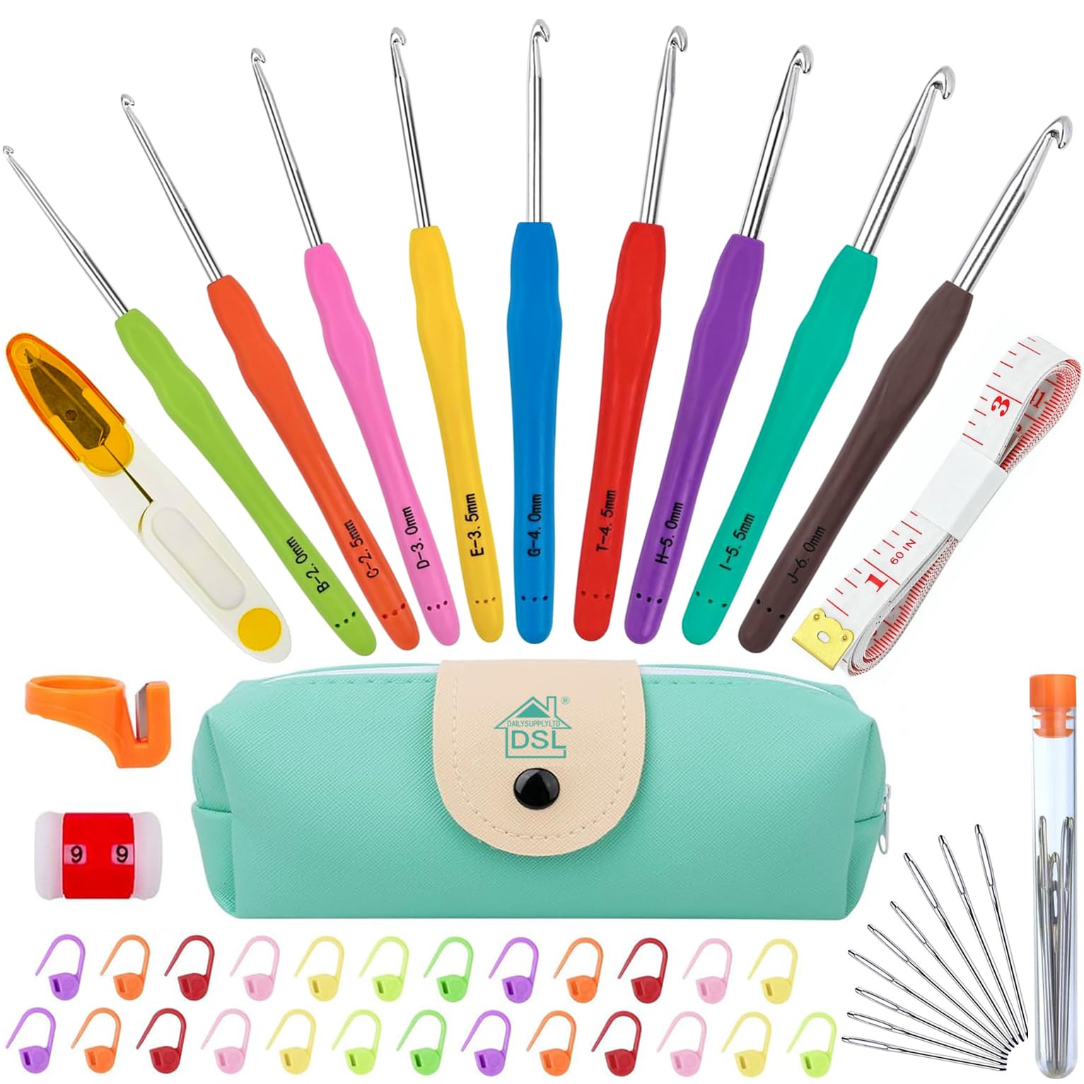 DSL Crochet Kit, 9 Crochet Hooks Set 2-6mm with Case & Accessories