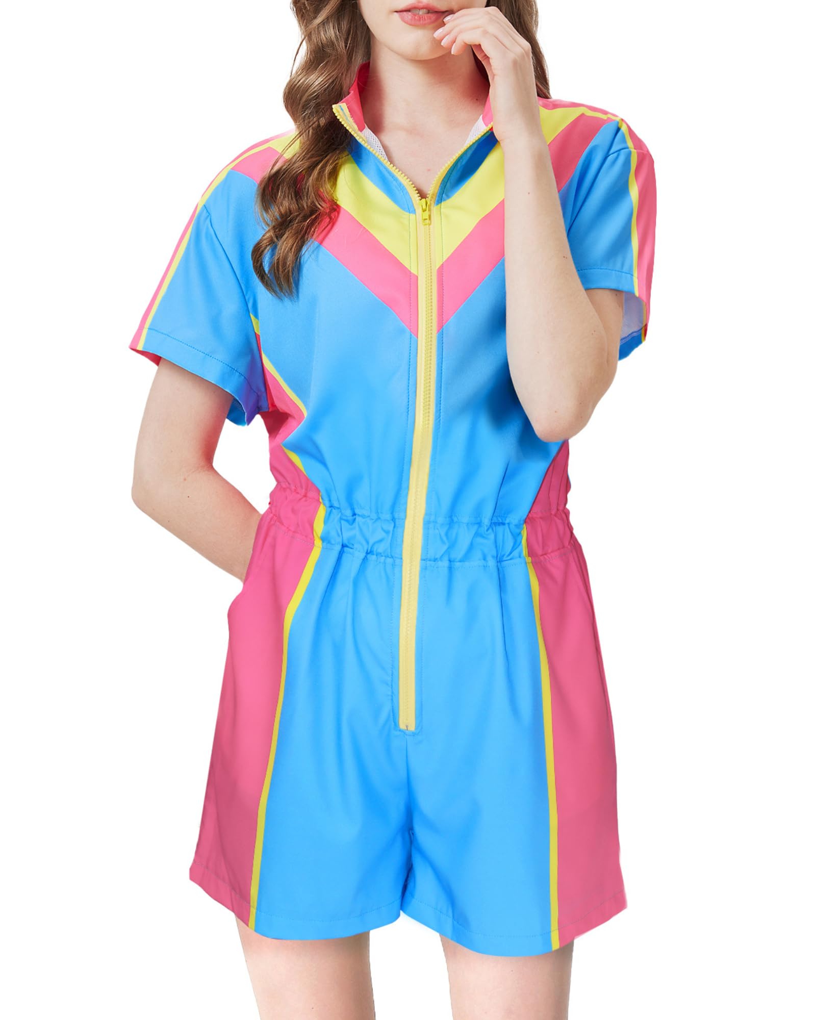 80s Outfit for Women Color Block One Piece Windbreaker Outfits for Women Neon Short Sleeve Zip Front Elastic Waist Jumpsuit
