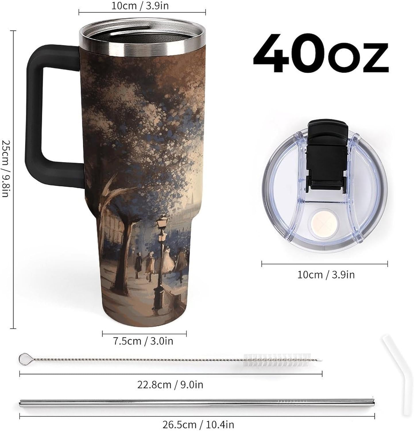 Large Car Cup with Handle&Lid Fashion Romantic Paris Eiffel Tower Tumbler Sturdy Insulated Water Bottle Stainless Steel Vacuum Travel Mug Portable Coffee Cup for Home Outdoor 40 Oz Black-style