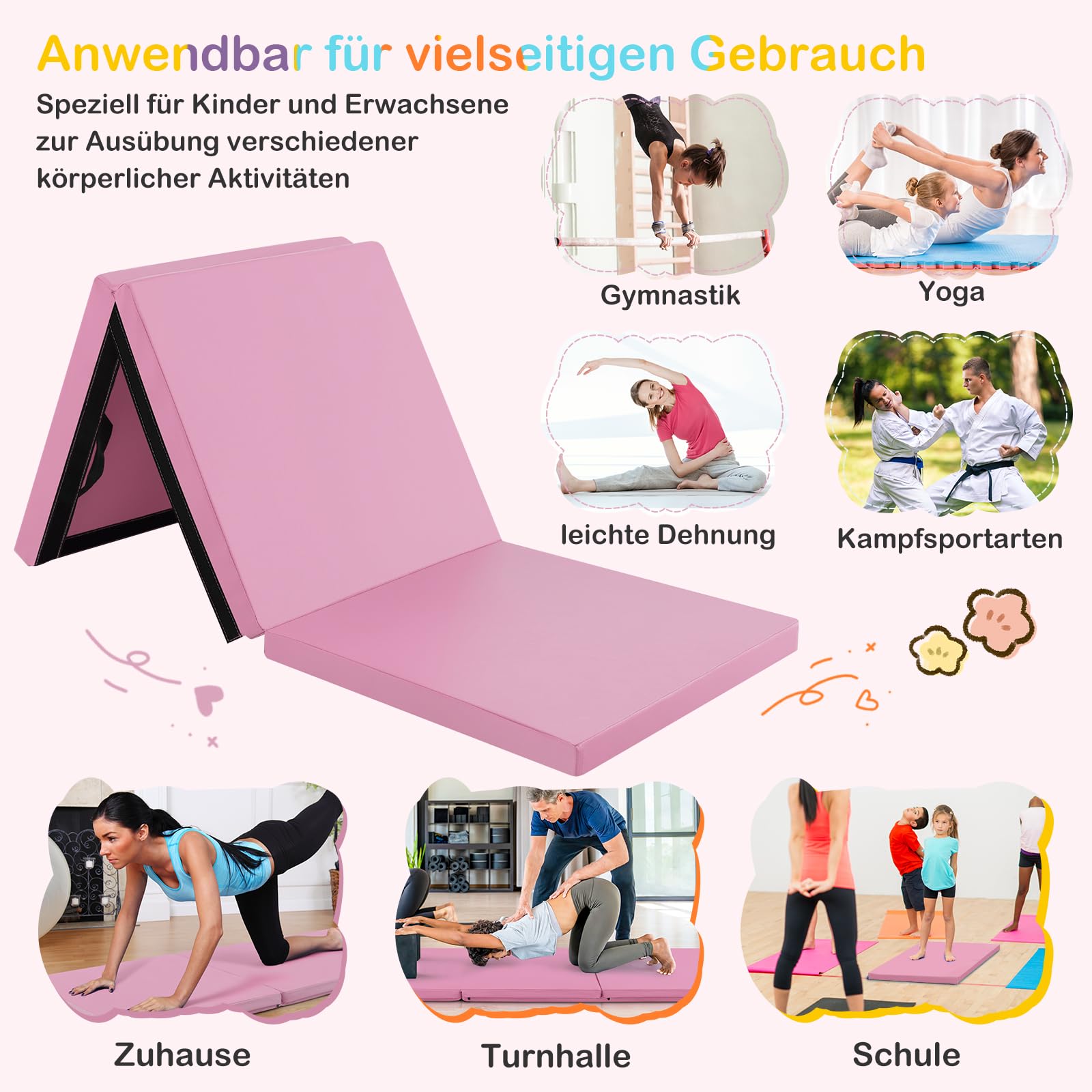 GOPLUS Weichbodenmatte, 180 x 60 x 5 cm Turnmatte rutschfest mit Klettverschlüssen & Tragegriffen, Gymnastikmatte klappbar aus Kunstleder, Turnmatte zum Trainieren von Gymnastik & Yoga