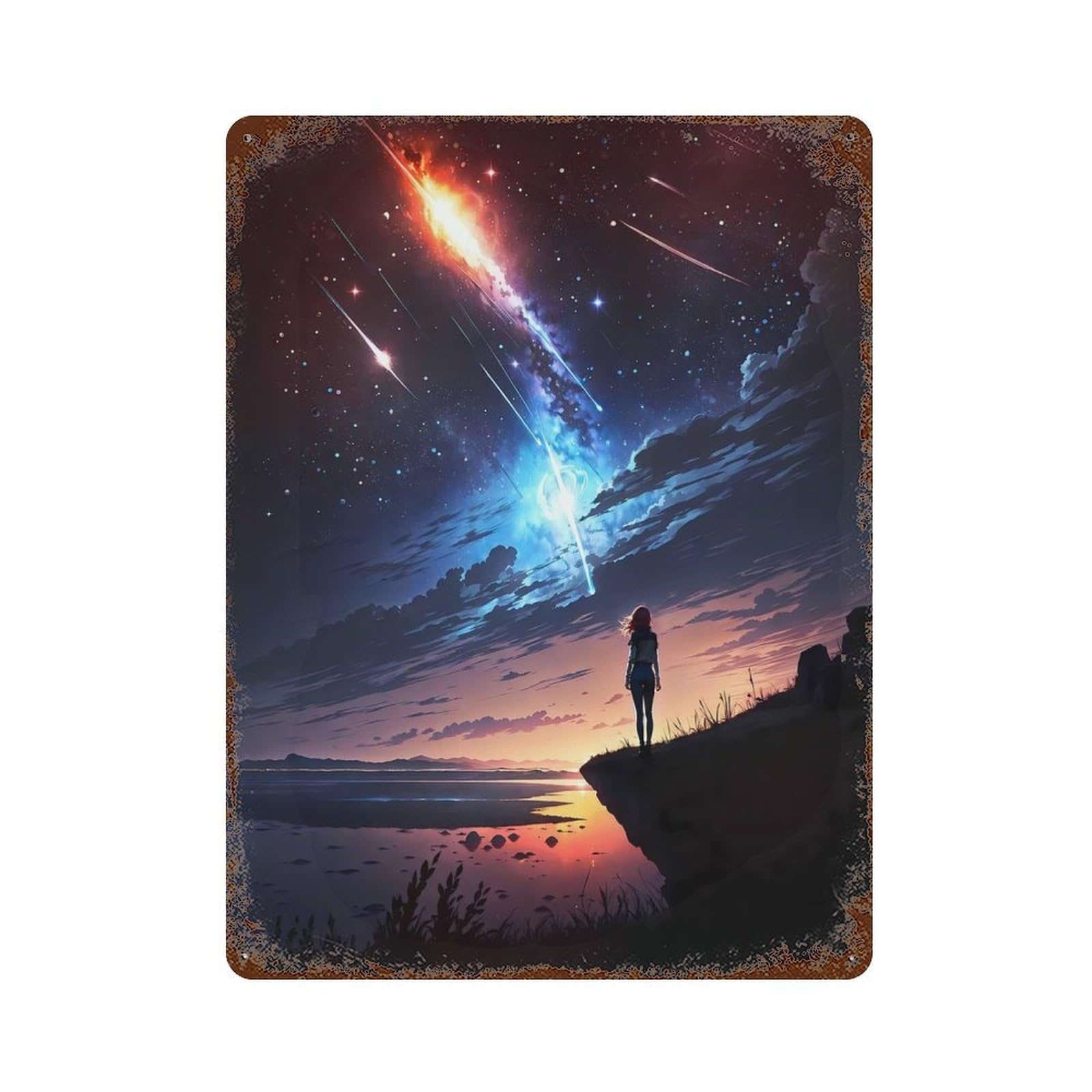 Retro Metal Sign with Girl Watching Meteors Shower at Night Design 15.7"x11.8", for Shed, Workshop And Garage Wall Decor, Industrial Home Decor