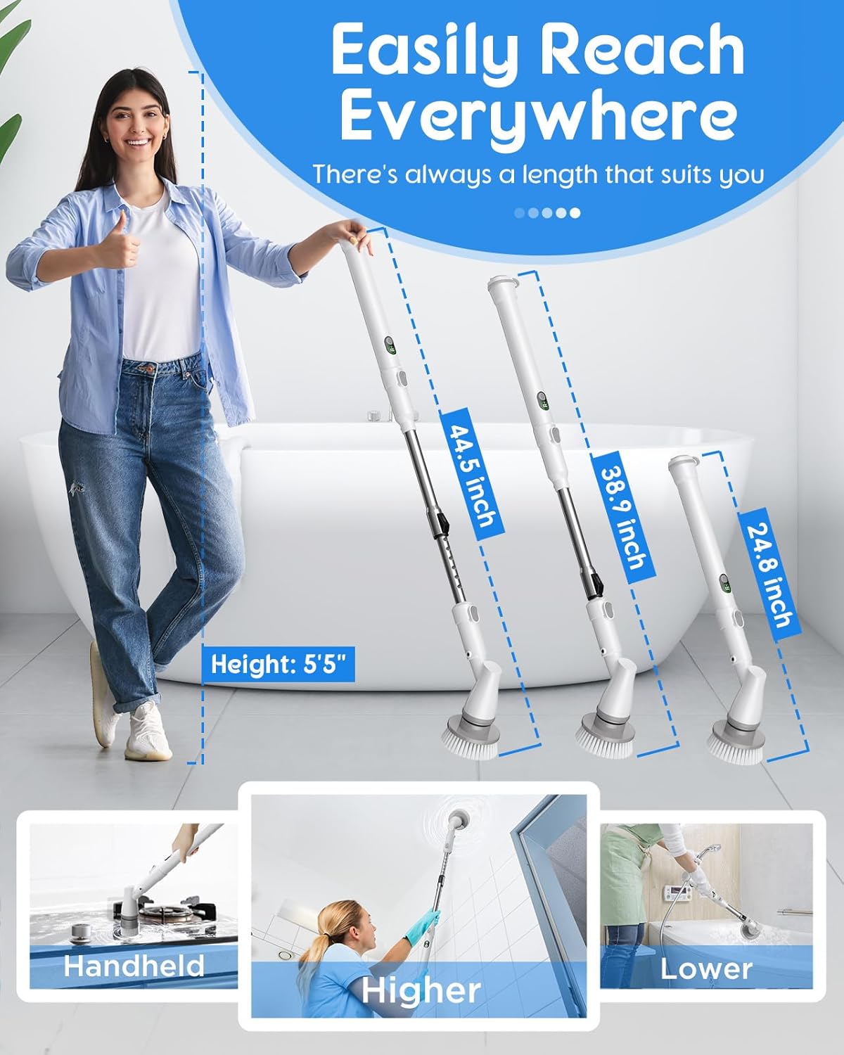 Electric Spin Scrubber with Big Display, Fast Charging Cordless Cleaning Brush with Adjustable Long Handle, 2 Speeds & 4 Replaceable Brush Heads, 1.5H Runtime Shower Scrubber for Deep Cleaning