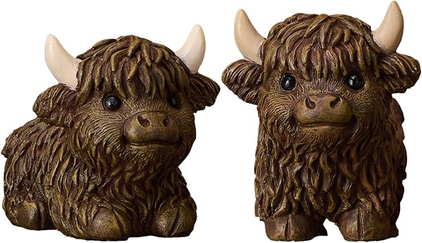 Qomamount Highland Cow Decor,2Pcs Cute Scottish Highland Cow Gifts,Standing Sitting Poses Resin Figurine for Shelf Garden Table Home Decor Calf for Highland Cow LoversDark Brown