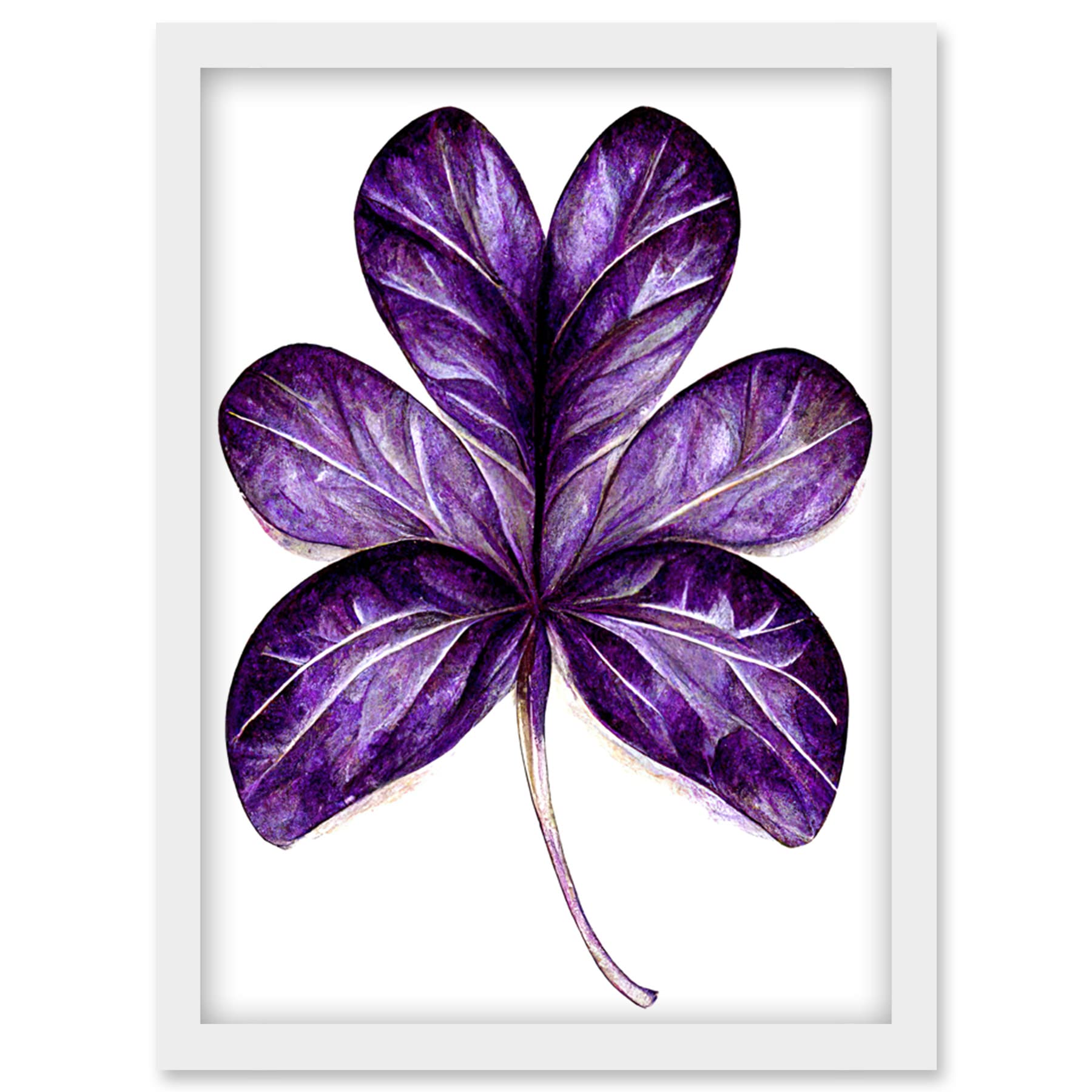 Wee Blue Coo Purple on White Six Clover Modern Simple Leaf Illustration Artwork Framed Wall Art Print A4