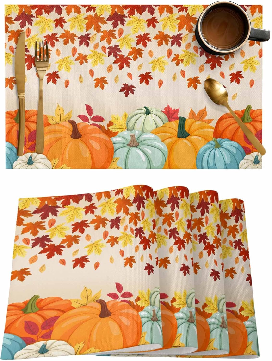 Kitchen Placemat Set 18x12 Inches,Placemats Set of 4,Thanksgiving Harvest Pumpkin Autumn Maple Leaves Table Mats for Home Kitchen Restaurant Thanksgiving Day Party Decoration,Washable