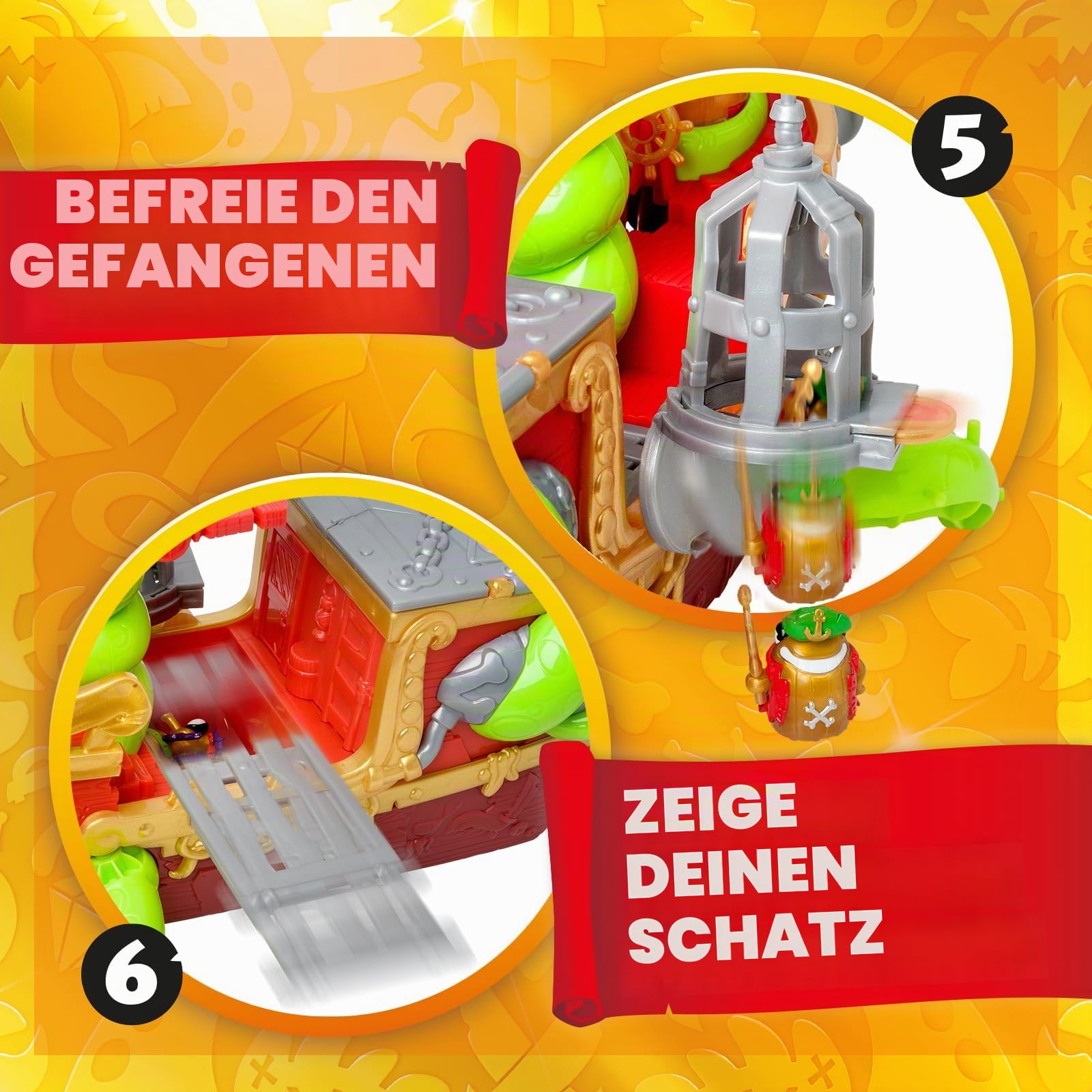 Piratix Kraken Ship – Kraken-Schiff aus Piratix. Enthält 1 Kraken-Schiff, 2 Piratix und exklusives Zubehör, 1 Kanonenprojektil, 1 exklusiver Schatz, 6 goldene Schätze, 1 exklusive Flagge, 1 Schwert, 1
