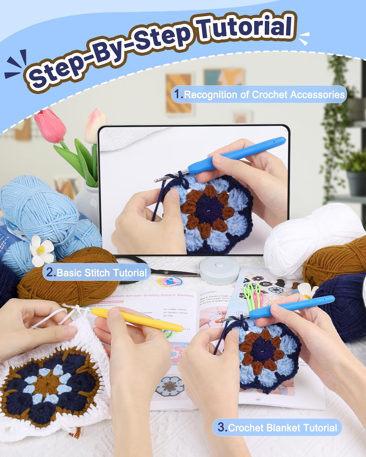 Coopay Häkeldecken-Set für Anfänger, quadratisches All-in-One-Set mit Schritt-für-Schritt-Video und genug Garnen – Master Granny Square Häkeln einfach, ideales Geschenk für Bastelliebhaber (Mokka-Blau