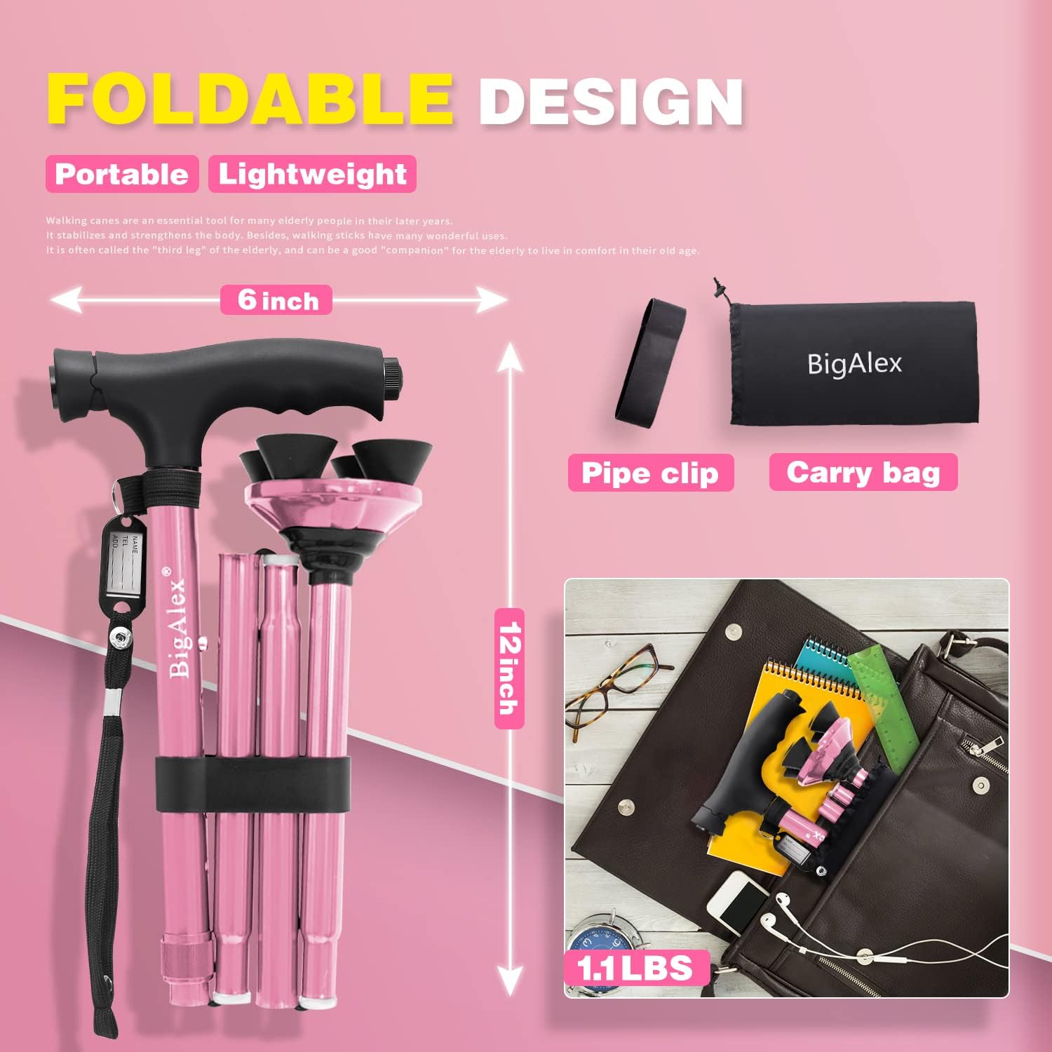 BigAlex Folding Walking Cane with LED Light,Pivoting Quad Base,Adjustable Walking Stick with Carrying Bag for Man/Woman (Alloy Base)