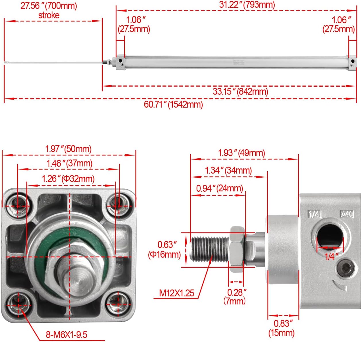 Heschen Pneumatic Standard Cylinder SC 40 Bore, Double Acting Single Rod Air Cylinder, PT1/4" Port, 40mm Bore (700mm Stroke)