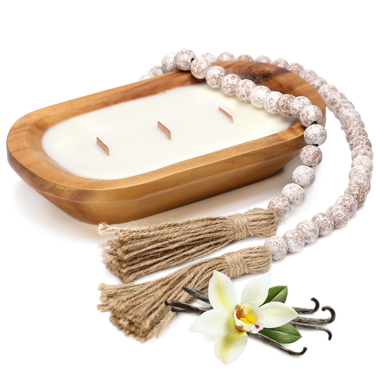Wooden Bowl Candle 10 Inch, Soy Large Farmhouse Candle for Table, Vanilla Spice Scented, 3 Wood Wicks, Christmas Candle Gifts for Men Women
