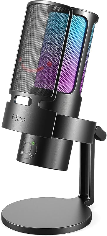 FIFINE A8 Plus USB Gaming Condenser Microphone with 4 Polar Patterns for PC | RGB Control, Quick Mute, Gain Knob, Headphone Jack, Cardioid Pickup, Pop Filter, for PS5 Podcast Streaming Recording YouTube