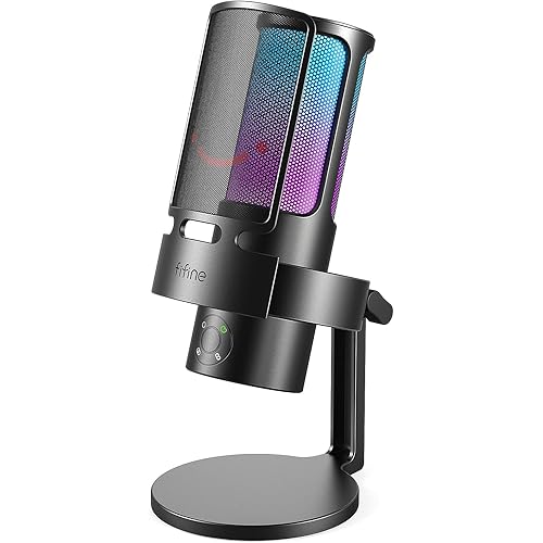 FIFINE Gaming USB Microphone, PC Computer Mic with 4 Polar Patterns for Podcast Streaming Recording YouTube, RGB Condenser Desktop Mic for Windows, Mac, with Headphone Jack-AmpliGame A8 Plus