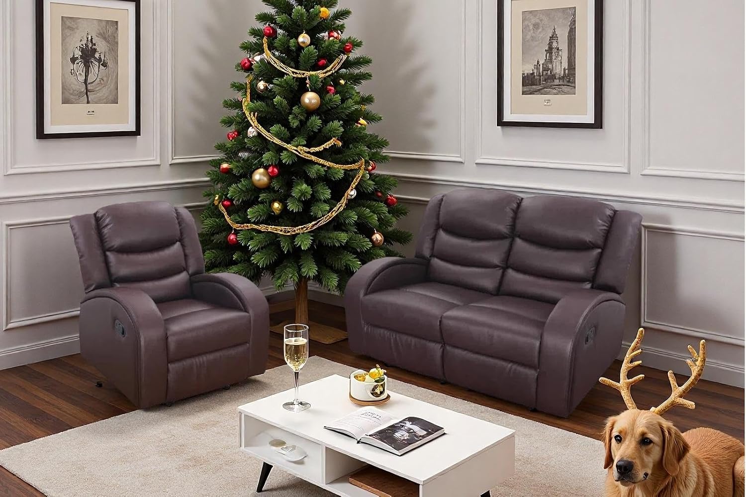 Leather Recliner Sofa Set, Living Room Furniture Set, Adjustable Backrest Reclining Loveseat Sofa & Manual Recliner Chair, Comfortable Reclining Seats for Home Theater, Apartment, Brown