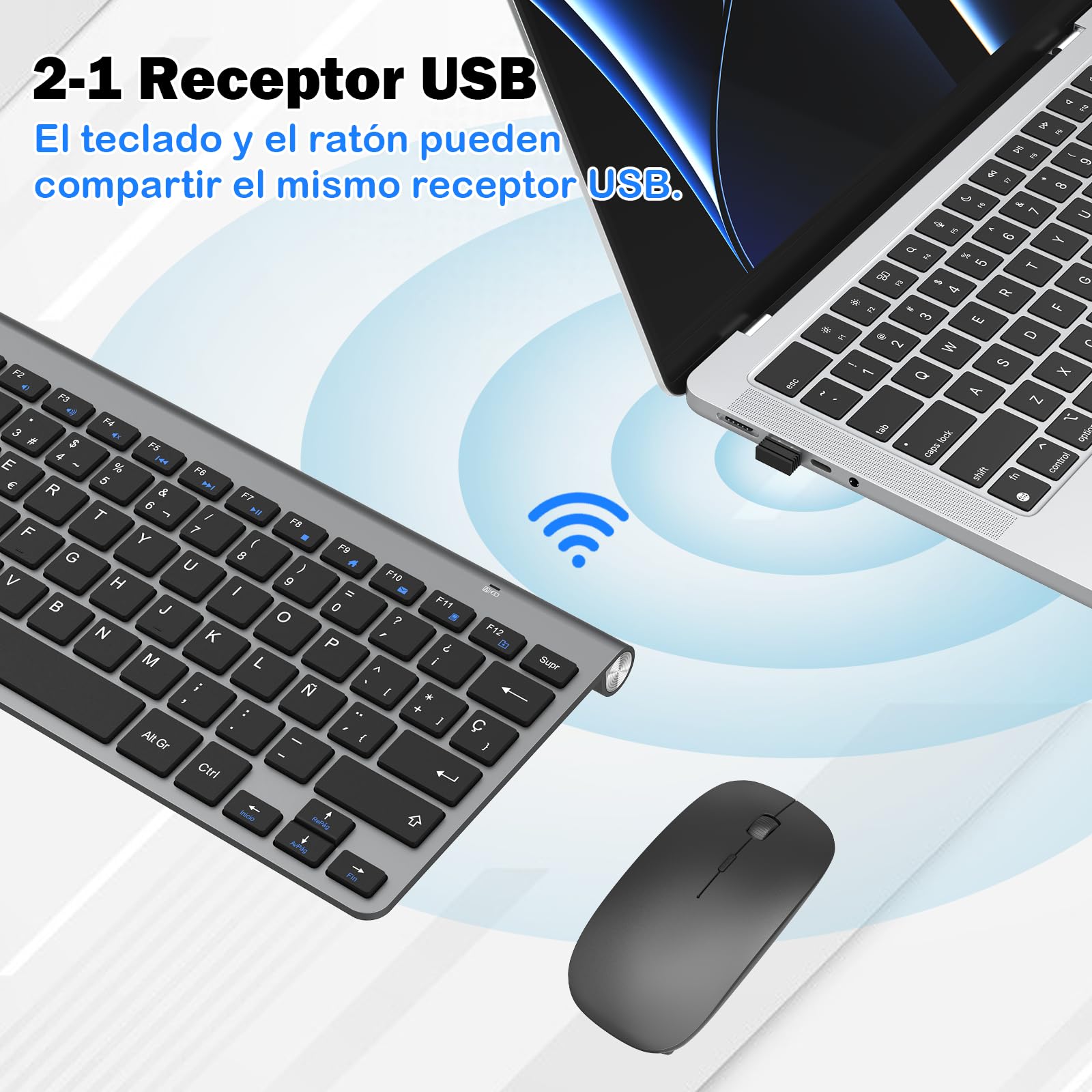 PINKCAT Teclado y ratón inalámbricos, 2.4G Set de Teclado Ultrafino y ratón ergonómico silencioso con 12 accesos directos Multimedia para Ordenador, PC, Tableta, Ordenador de sobremesa (Gris Oscuro)