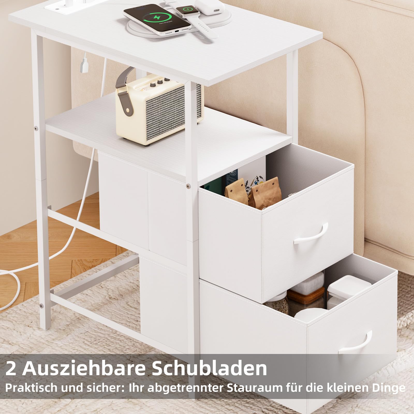 Somdot Nachttisch mit Ladefunktion, Beistelltisch mit 2 Stoffschubladen, 2 AC-Steckdosen, 1 USB & 1 Type-C Anschluss, kompakter Nachtschrank Sofatisch für Schlafzimmer & Wohnzimmer, Weißes Leder